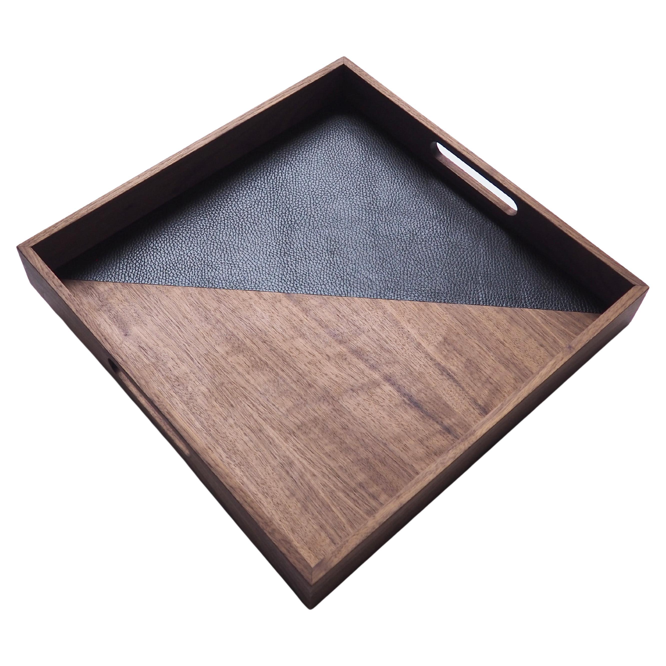 "After Hours" Square tray in walnut and black leather by Atelier C.u.b