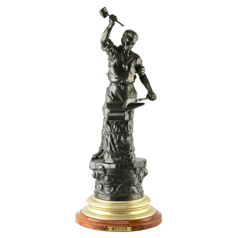 After J Becox Statue of a Young Blacksmith, French Spelter For Sale