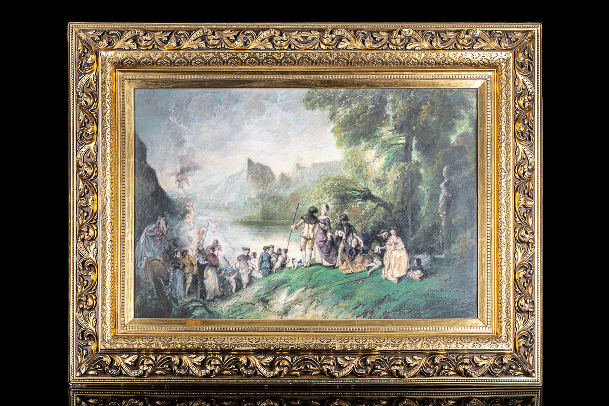 After Jean Antoine Watteau (Valenciennes, 1684-Nogent-sur-Marne, 1721), Disembarkation for the Island of Cythera, Pastel drawing, Framed, 19th or 20th century.