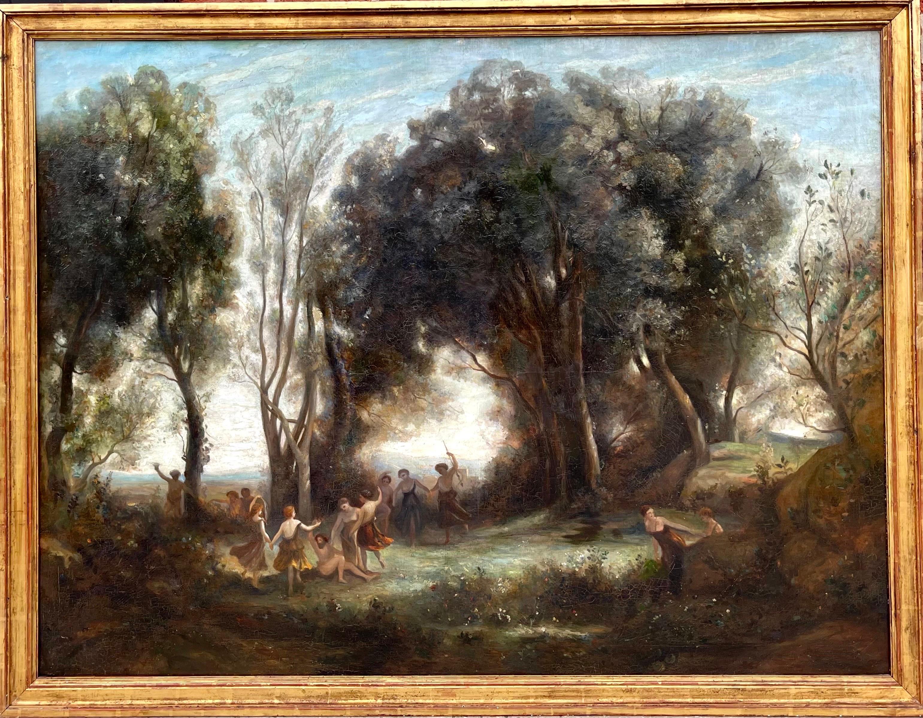 (after) Jean-Baptiste-Camille Corot Nude Painting - Huge 19th century French Barbizon painting - The dance of the nymphs - forest