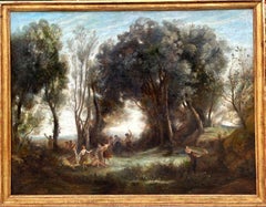 Huge 19th century French Barbizon painting - The dance of the nymphs - forest