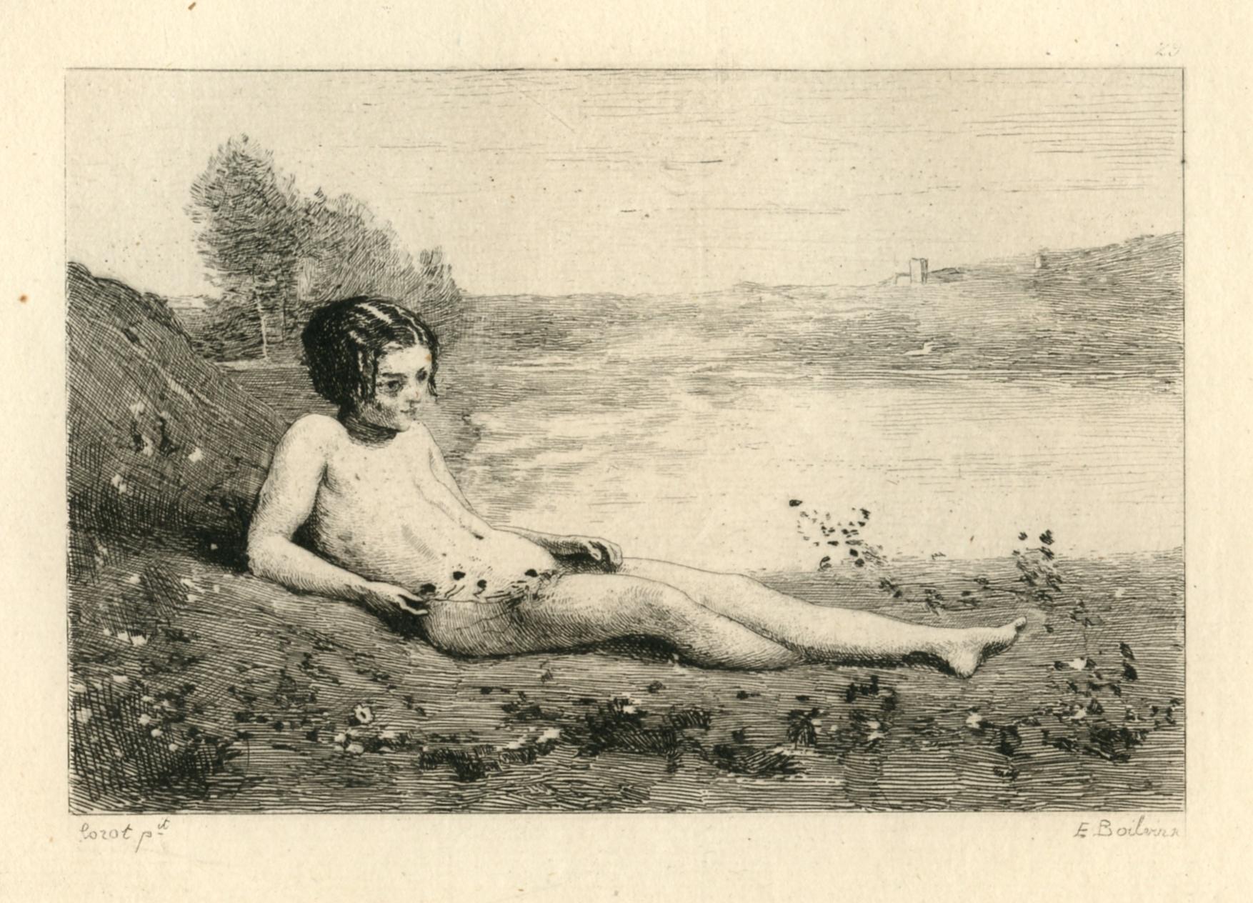 "Jeune baigneuse couchee sur l'herbe" etching - Print by (after) Jean-Baptiste-Camille Corot
