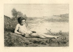 "Jeune baigneuse couchee sur l'herbe" etching