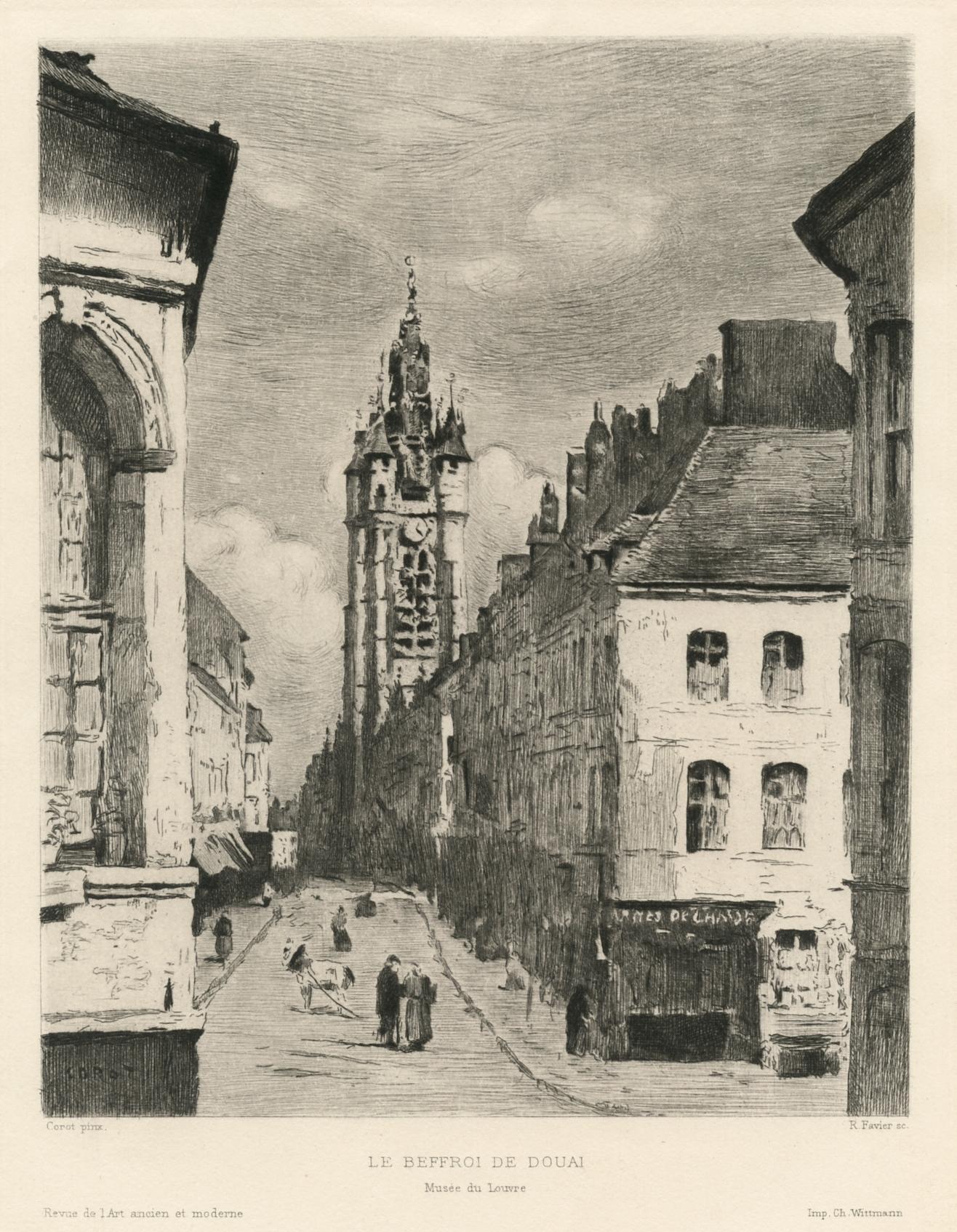 „Le Beffroi de Douai“-Radierung – Print von (after) Jean-Baptiste-Camille Corot