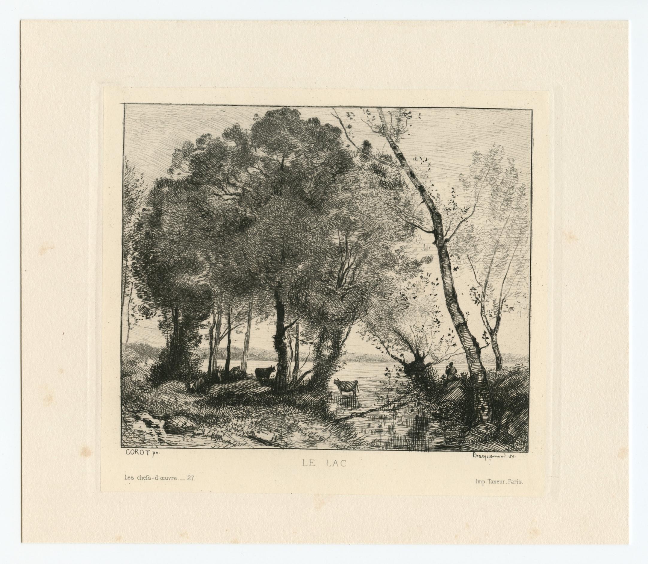 Landscape Print de (after) Jean-Baptiste-Camille Corot - "Grabado "Le Lac
