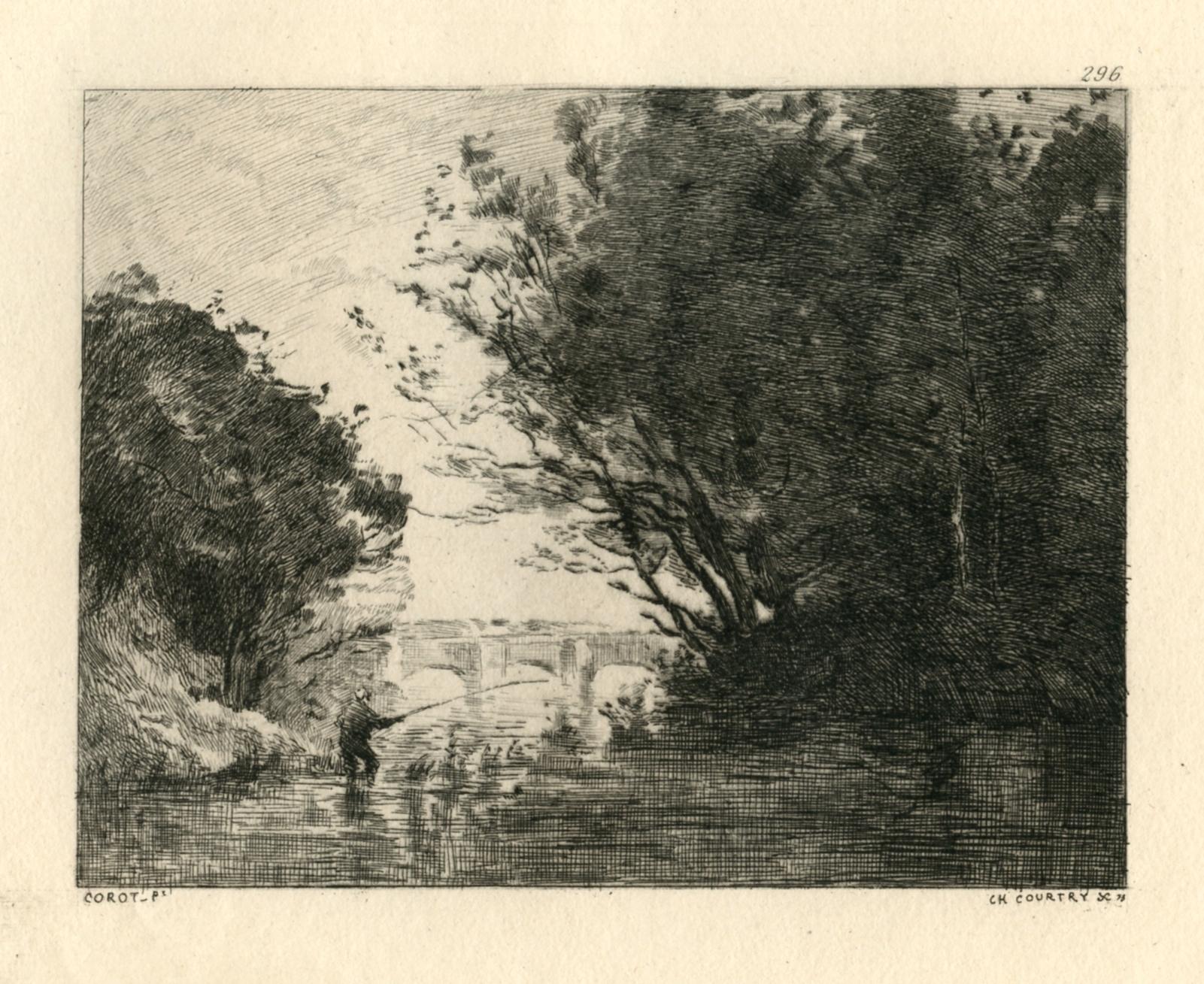 (Le Pecheur) etching - Print by (after) Jean-Baptiste-Camille Corot