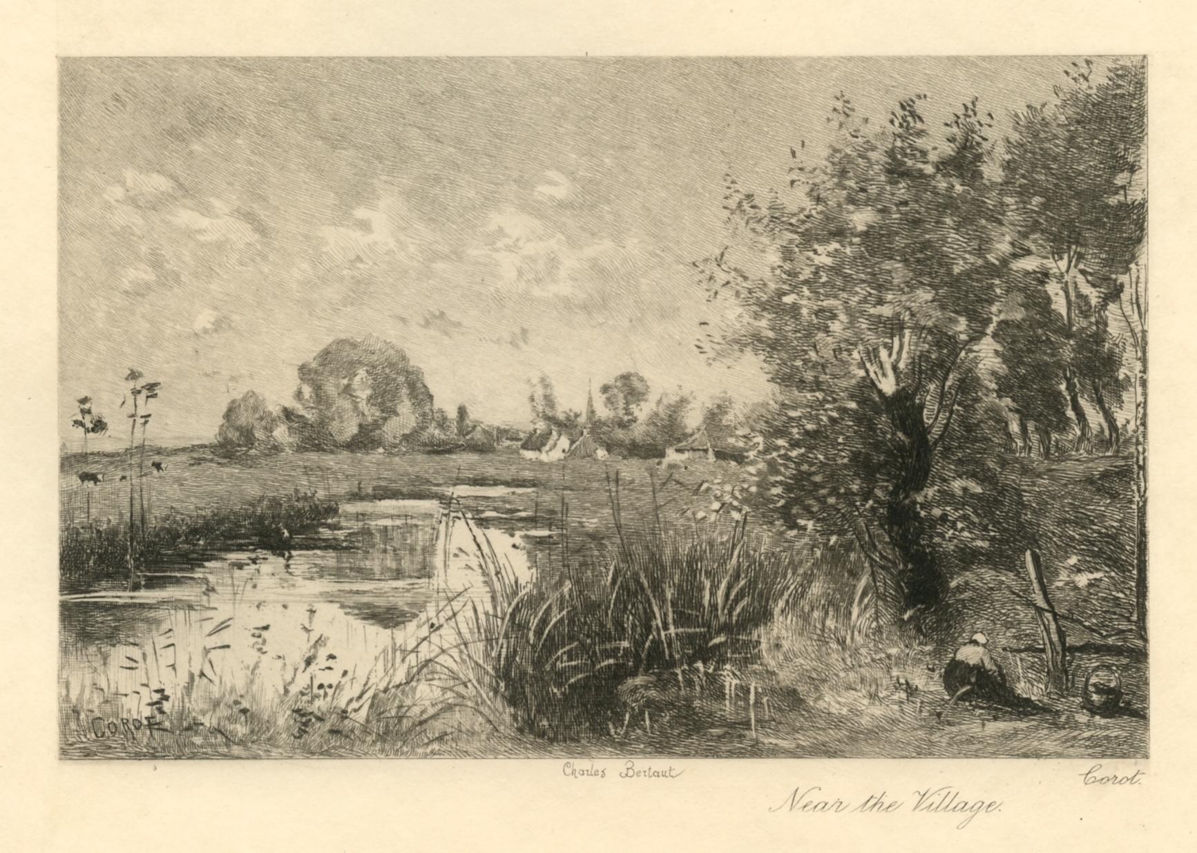 Radierung "In der Nähe des Dorfes". – Print von (after) Jean-Baptiste-Camille Corot