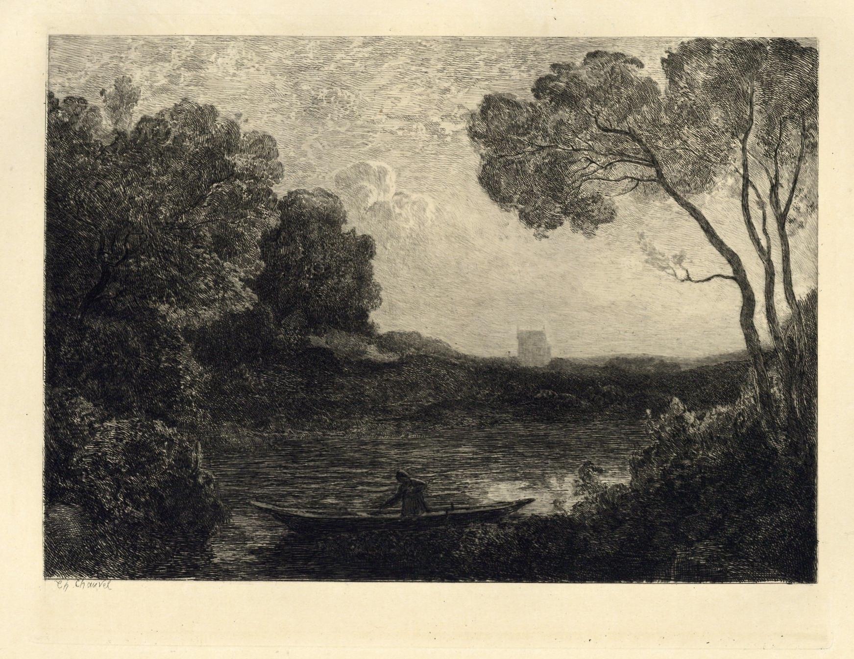 "Soleil Couchant" etching on japon paper - Print by (after) Jean-Baptiste-Camille Corot