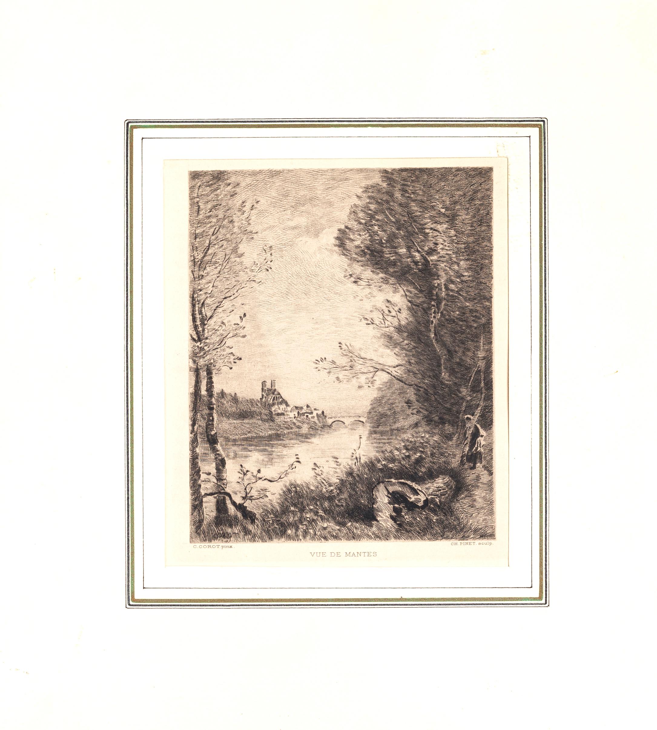 Vue de Mantes - Etching after C. Corot by C. Pinet - 19th Century - Print by (after) Jean-Baptiste-Camille Corot