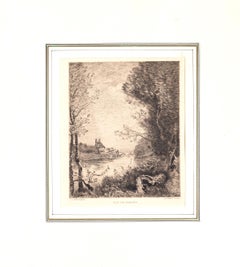 Vue de Mantes – Radierung nach C. Corot von C. Pinet – Vue de Mantes – 19. Jahrhundert