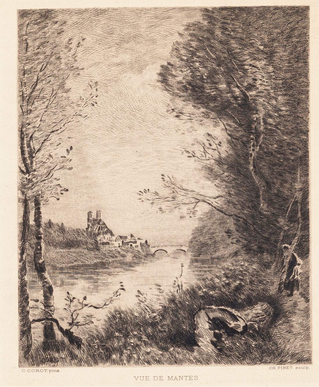 Vue de Mantes - Gravure d'après C. Corot par C. Pinet - 19ème siècle