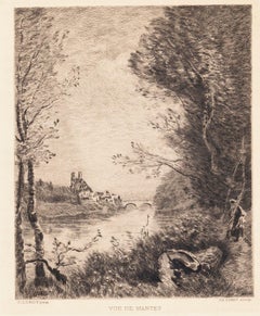 Vue de Mantes – Radierung nach C. Corot von C. Pinet – Vue de Mantes – 19. Jahrhundert