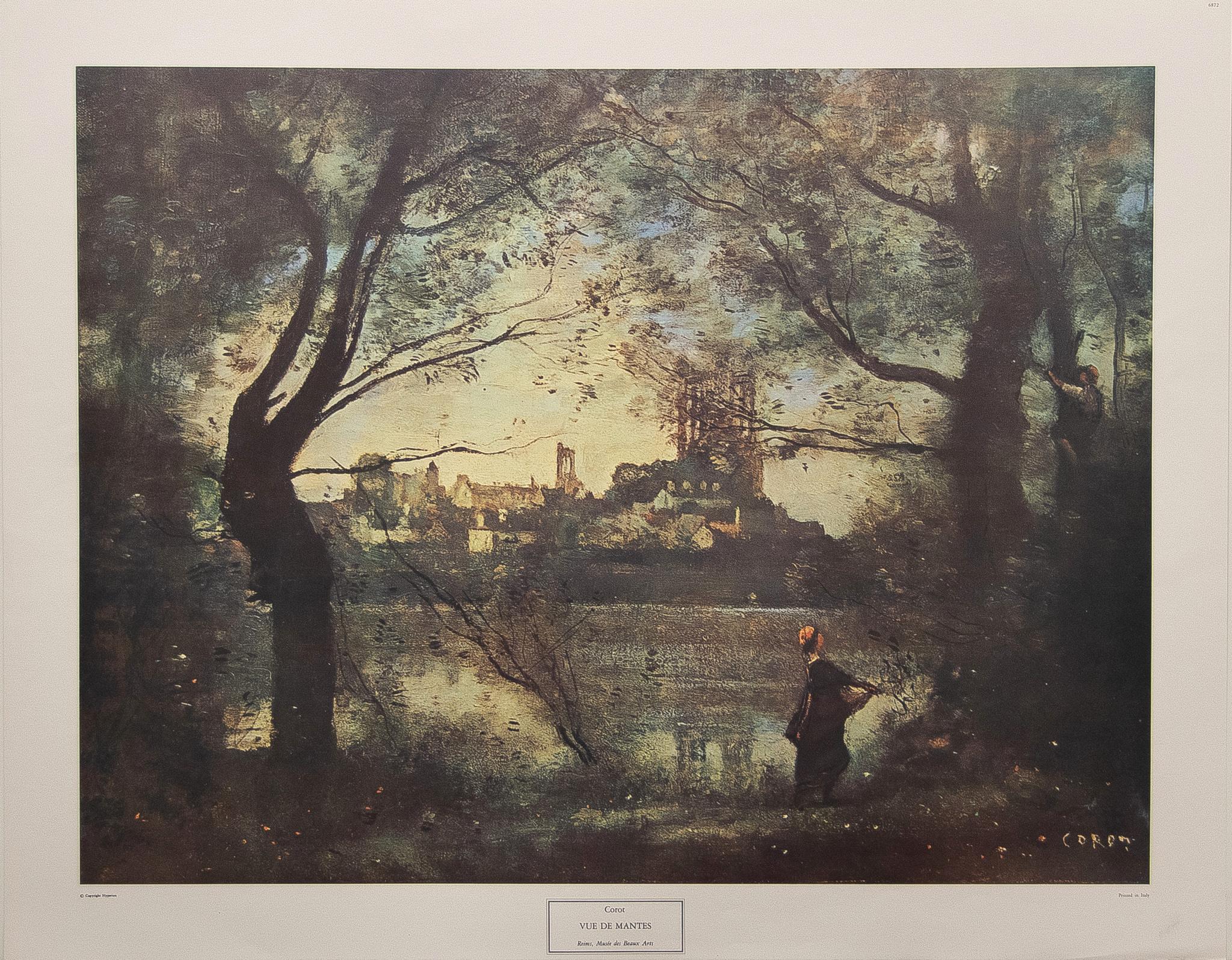 (after) Jean-Baptiste-Camille Corot Landscape Print - "Vue de Mantes" Lithographic Print. Created in Italy. 