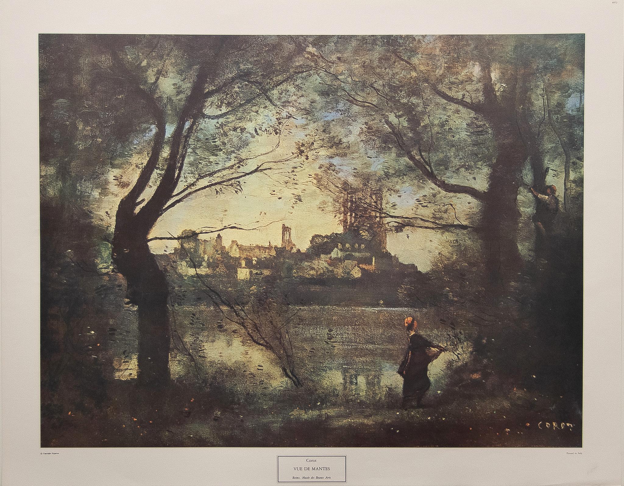(after) Jean-Baptiste-Camille Corot Landscape Print - "Vue de Mantes" Lithographic Print. Created in Italy.