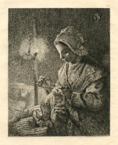 Antique "Femme cousant" etching