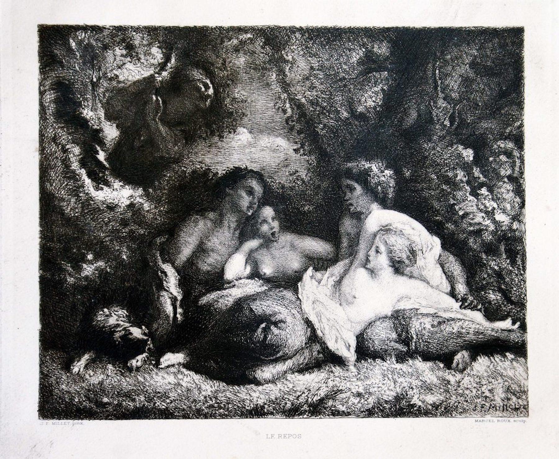 Le Repos - Original Etching and Aquatint by Marcel Roux - Late 19th Century