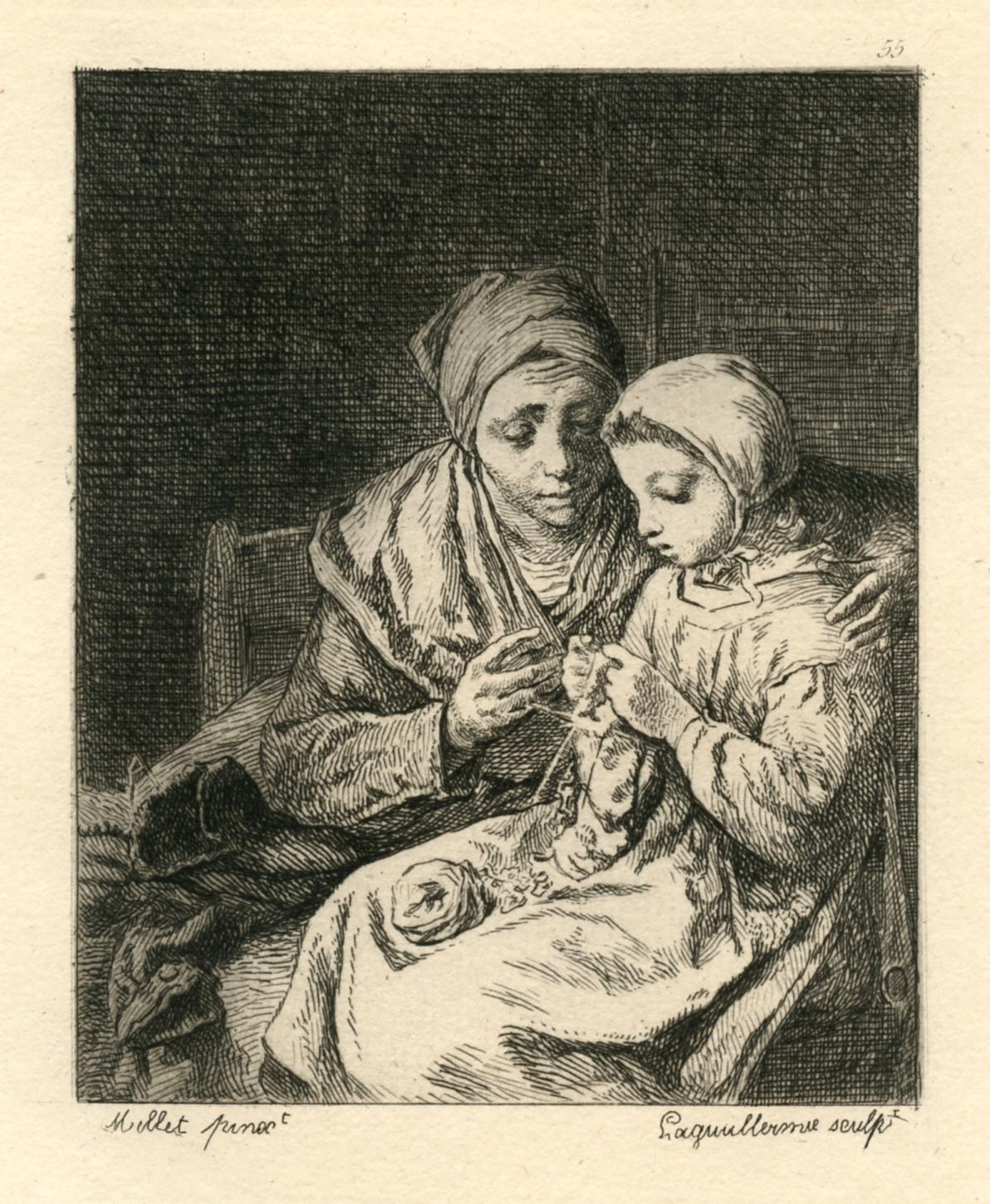"The Knitting Lesson" etching - Print by (after) Jean François Millet