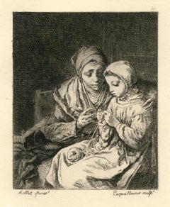 Antique "The Knitting Lesson" etching