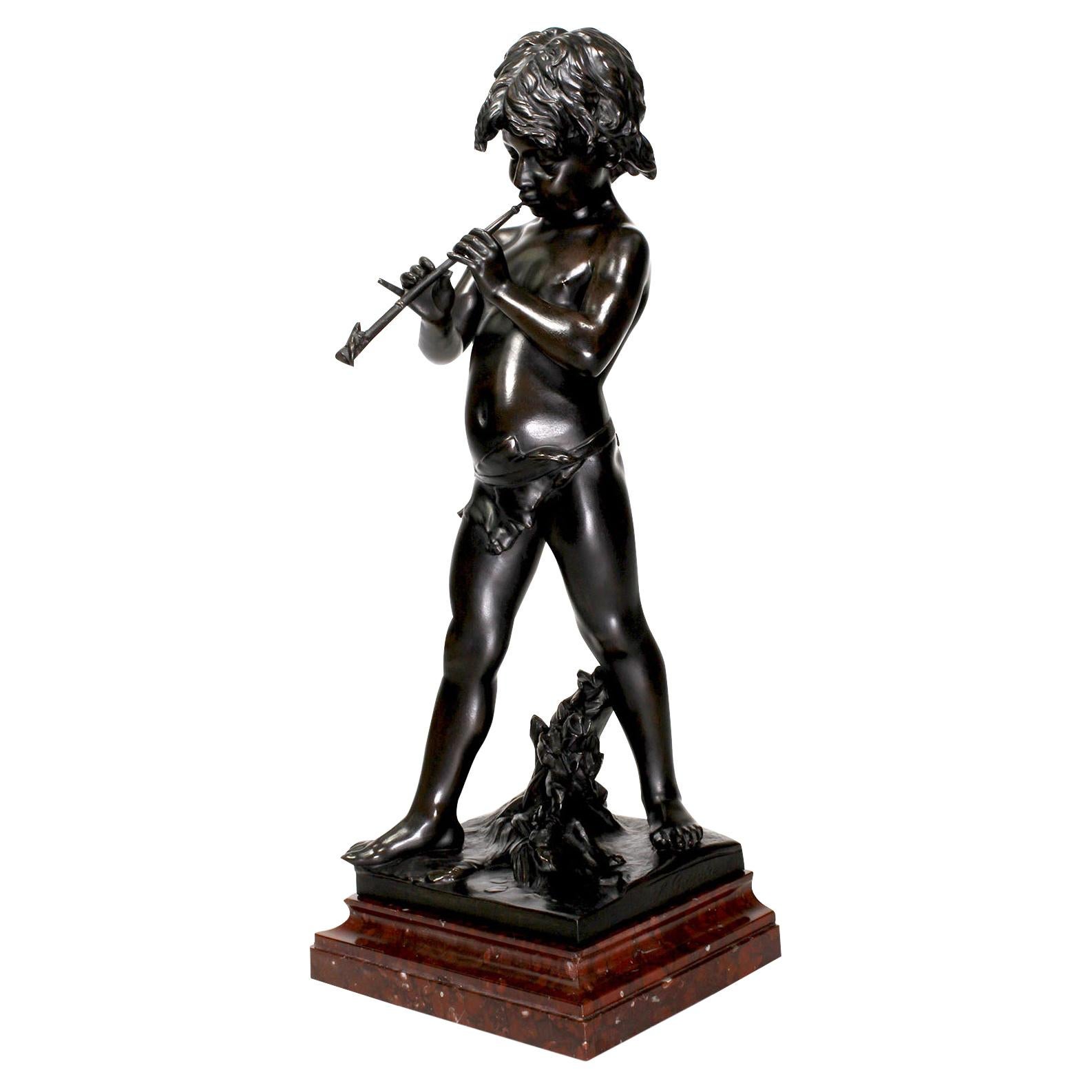 After Jean Louis Grégoire Spelter Figure "Boy Playing Pipe" For Sale