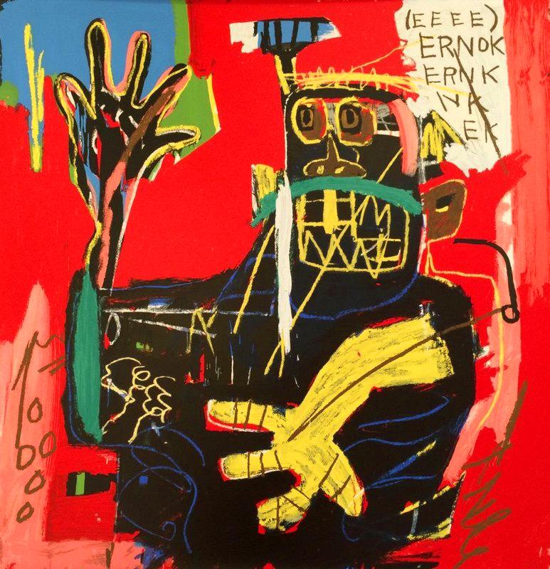“Ernok” screen print in colors, on wove paper, the full sheet, Numbered A.P. 4/15 in pencil on lower right, signed and dated on reverse “11-19-01” by Gerard Basquiat (Administrator of the Estate of Jean-Michel Basquiat) in pencil with the Estate