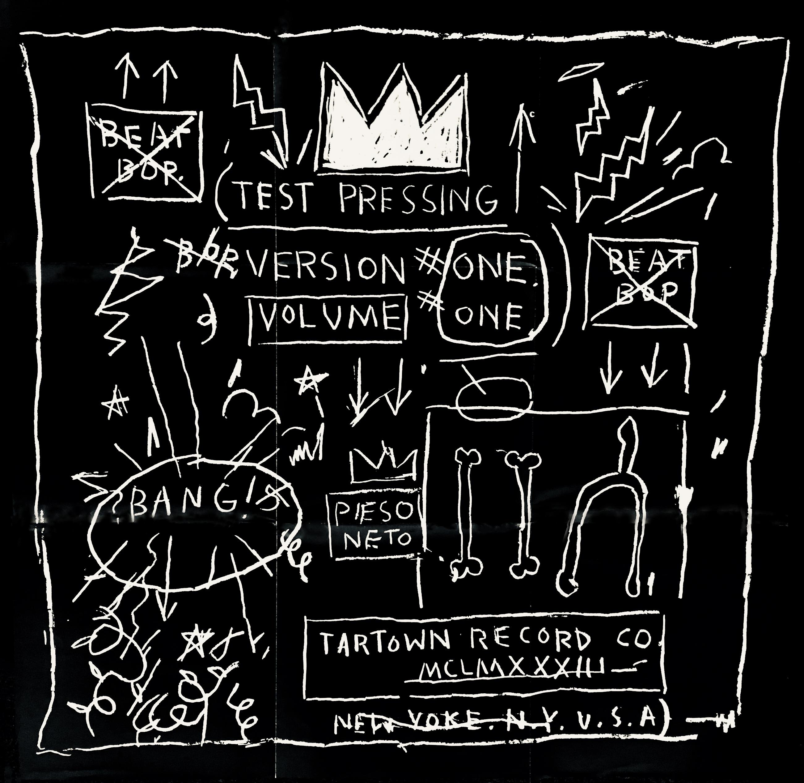 Basquiat Schallplattenkunst 1983/2005:
Diese Basquiat Beat Bop-Platte wurde ca. 2005 mit einem seltenen doppelseitigen Faltposter im Format 24 x 24 inch (61 x 61 cm) veröffentlicht, das in Anlehnung an das Album produziert wurde. Die einzelnen