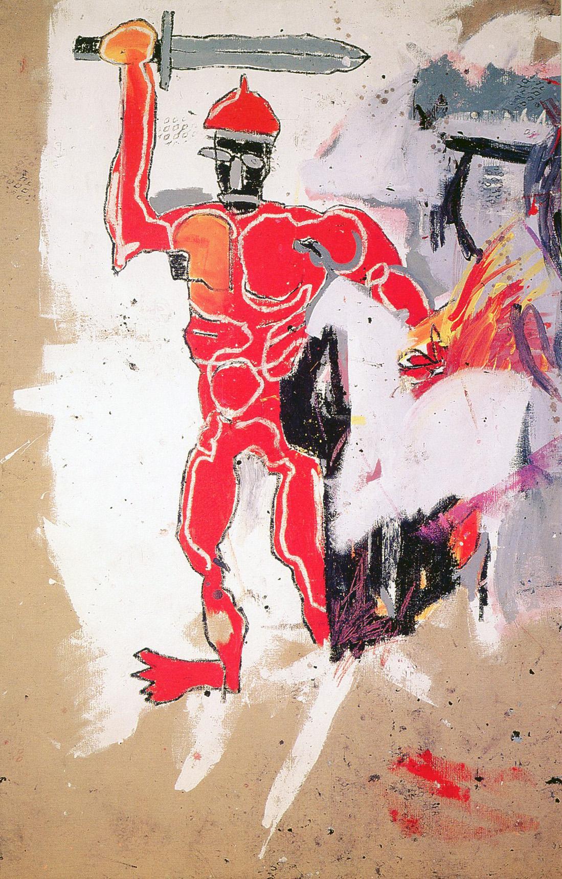 Basquiat at Vrej Baghoomian gallery 1989 (Basquiat Red Warrior announcement)  - Pop Art Print by after Jean-Michel Basquiat
