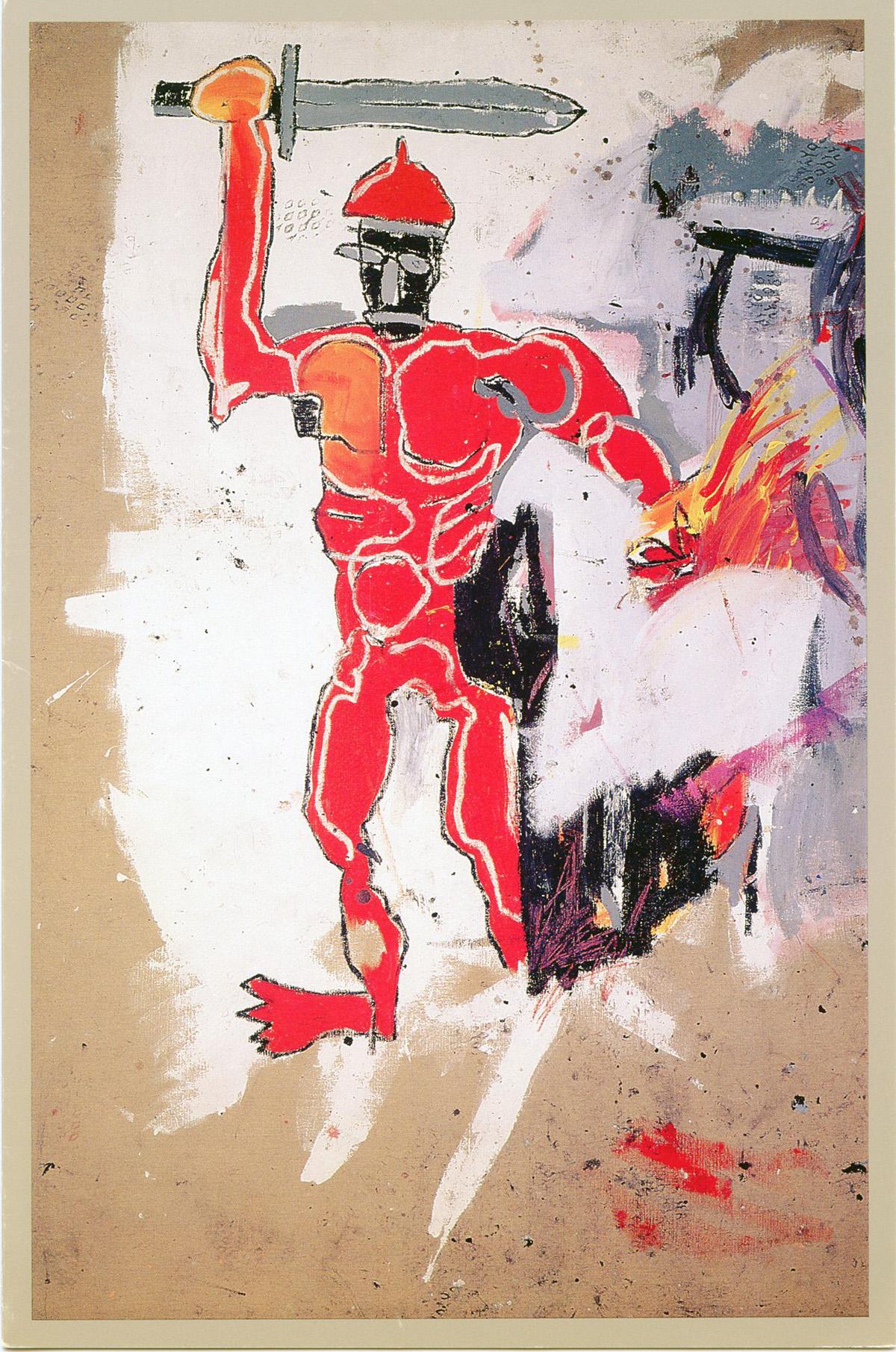 Basquiat at Vrej Baghoomian gallery 1989 (Basquiat Red Warrior announcement) 