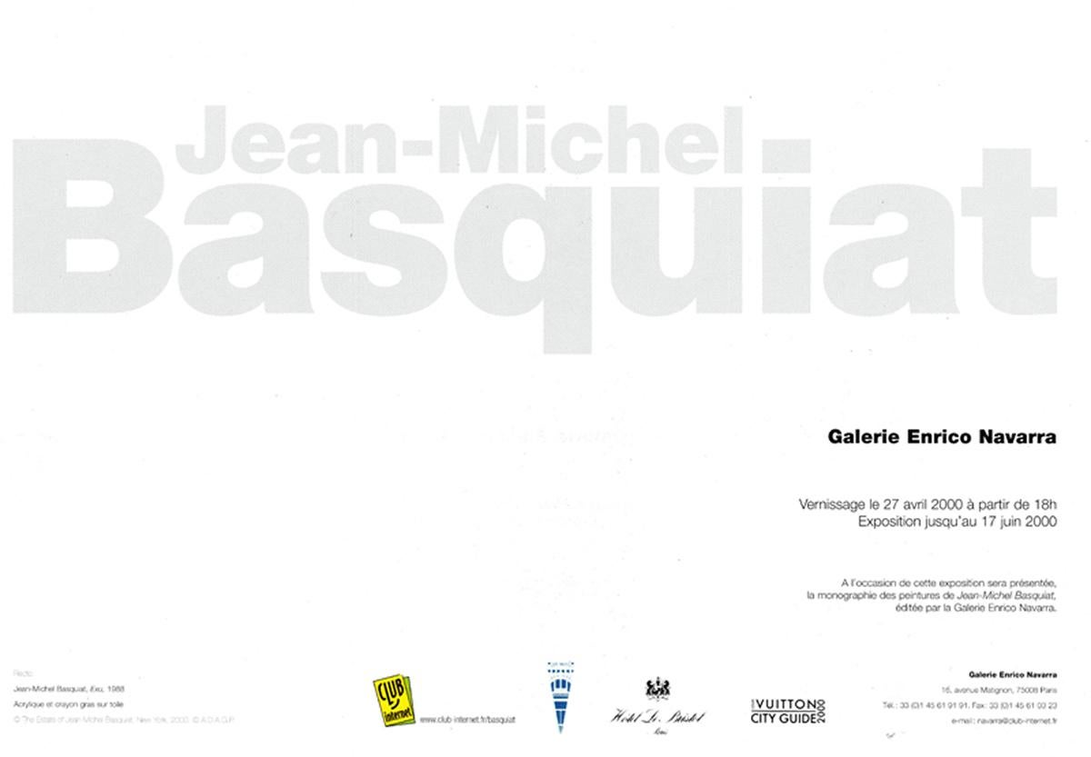 Jean-Michel Basquiat Enrico Navarra Gallery Paris 1999-2000:
A set of 2 rare vintage Basquiat announcement cards published on the occasion(s) of: 

Jean-Michel Basquiat, Gallery Enrico Navarra Paris summer 2000. 

Jean-Michel Basquiat, Gallery