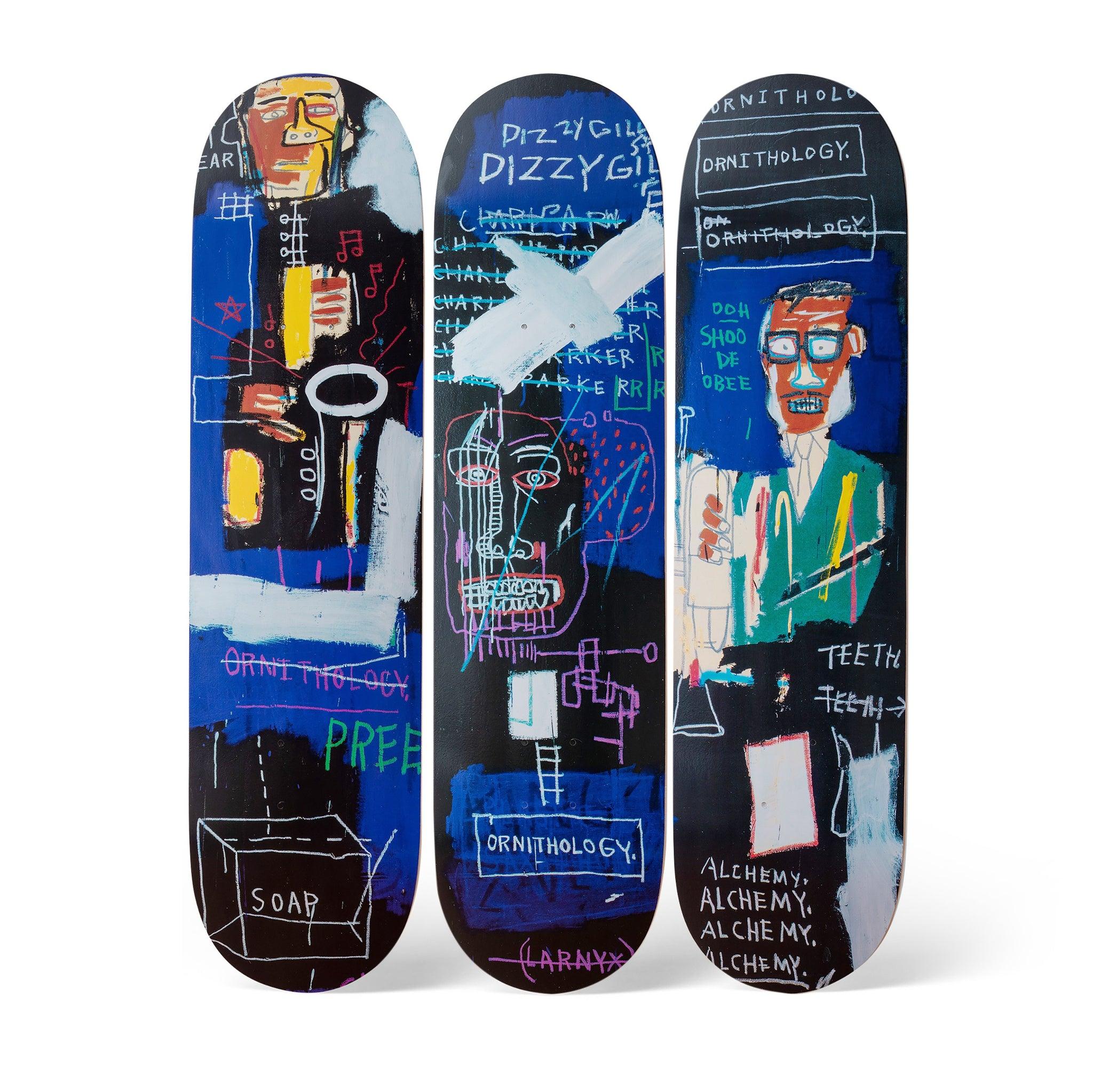 Basquiat Skate Deck Set:
Skateboard Deck Triptych licensed by the Estate of Jean Michel Basquiat in conjunction with Artestar c. 2017, featuring offset imagery of the much iconic early eighties work, Basquiat 