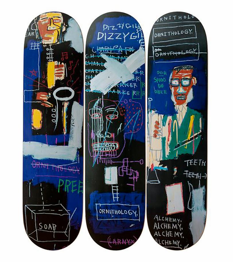 The Skateroom x Estate of Jean-Michel Basquiat "Horn Players"
Skateboard Deck Triptych licensed by the Estate of Jean Michel Basquiat in conjunction with Artestar c. 2017, featuring offset imagery of the much iconic early eighties work, Basquiat