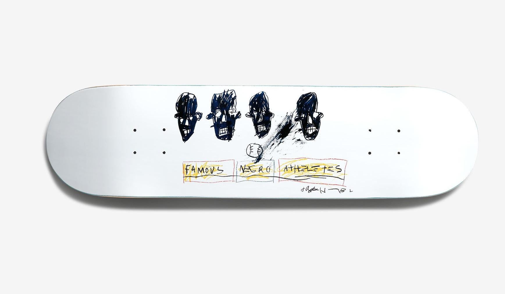 Basquiat Negro Athletes Skateboard Deck: 
Limited edition Basquiat skate deck licensed by the Estate of Jean Michel Basquiat in conjunction with Artestar in 2018, featuring offset imagery of Basquiat's early Negro Athletes drawing. Makes for unique,