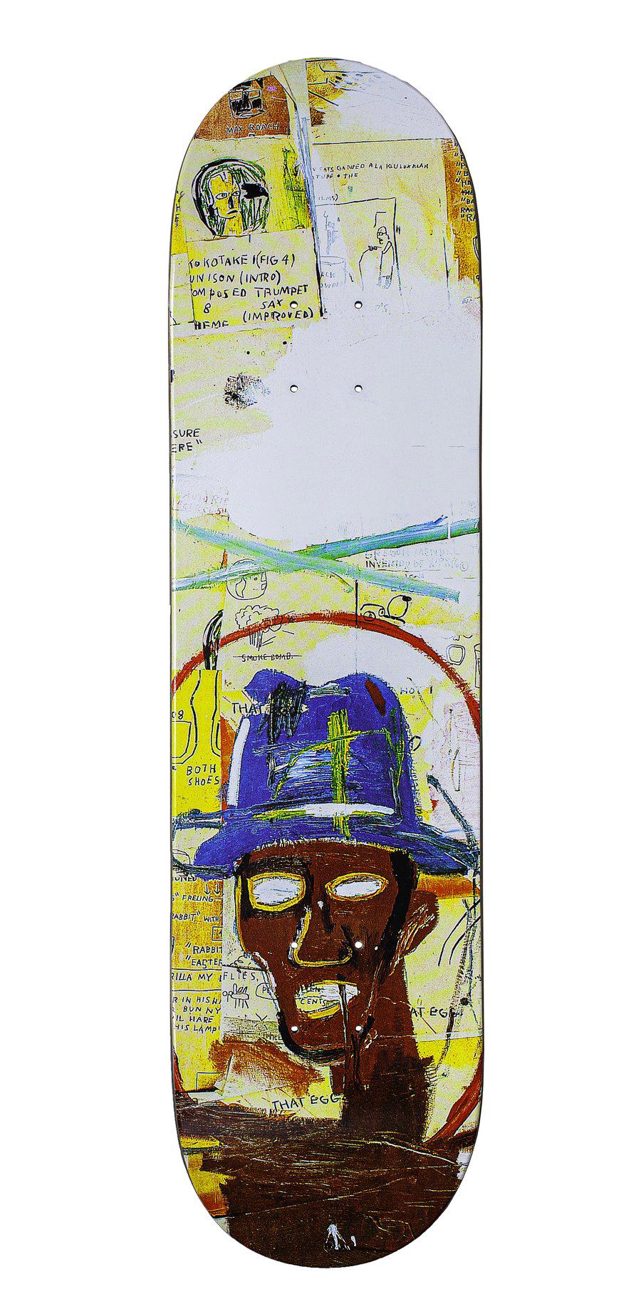 Basquiat Skateboard Deck (Basquiat Toxic):
Vibrant, superbly rendered Basquiat Skateboard Deck licensed by the Estate of Jean Michel Basquiat in conjunction with Artestar, featuring a reproduction of the much iconic 1984 work, Basquiat,