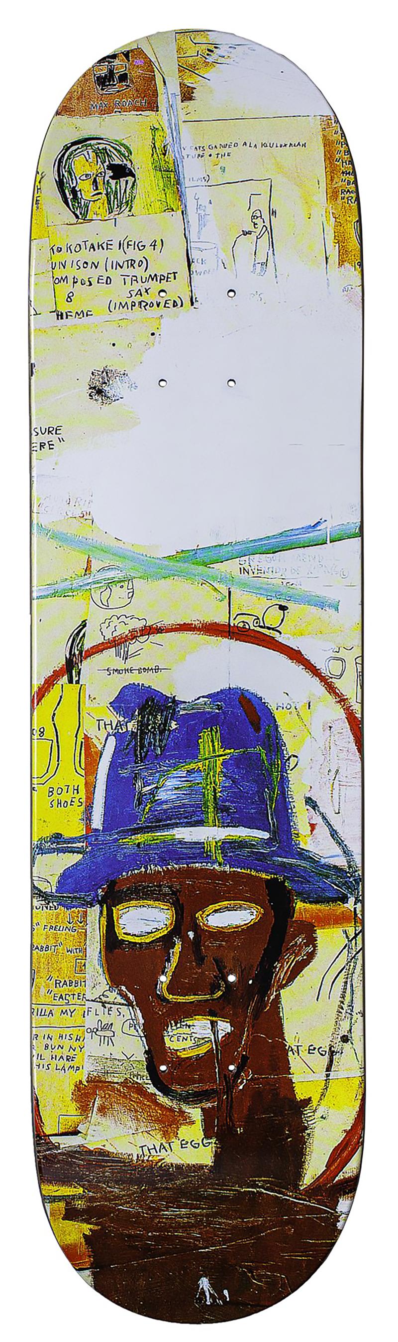 Rom zahlt x Nachlass von Jean-Michel Basquiat Skate Deck aus
Lebendiges, hervorragend gestaltetes Skateboard-Deck, lizenziert vom Estate of Jean Michel Basquiat in Zusammenarbeit mit Artestar, mit einer Reproduktion des kultigen Basquiat-Werks