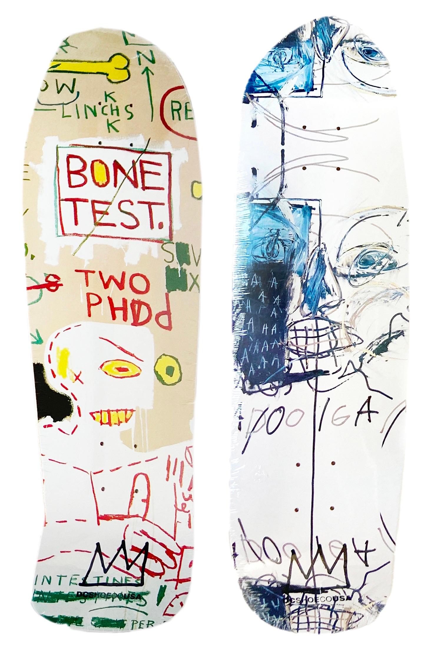 DC x Estate of Jean-Michel Basquiat set of 2 limited edition Skateboard Decks licensed by the Estate of Jean-Michel Basquiat in conjunction with Artestar in 2021, featuring offset imagery of three individual early 1980s works: Carbon ("Bone Test"),
