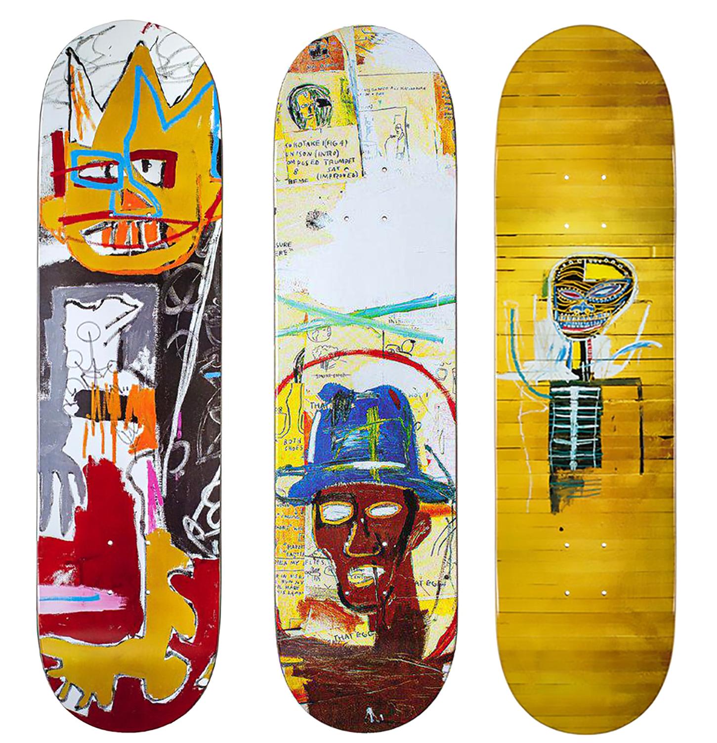 after Jean-Michel Basquiat - Basquiat Skateboard Decks : ensemble de 3  œuvres (Basquiat A-One, Toxic, Gold Griot) sur 1stDibs