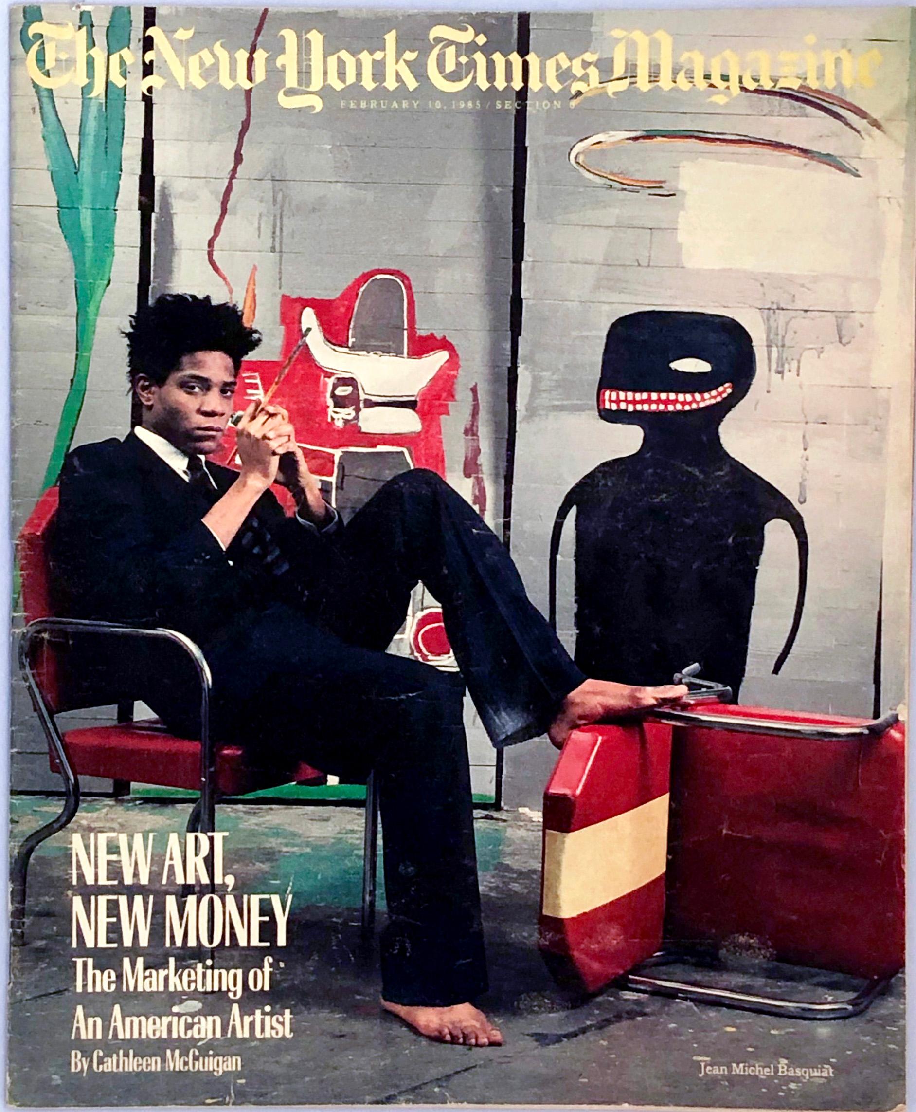 Presented here is the rare iconic Basquiat New York Times Magazine 1985: 
The New York Times Magazine, February 10, 1985 edition famously entitled “New Art, New Money: The Marketing of an American Artist." A must have Basquiat collector's item. Rare