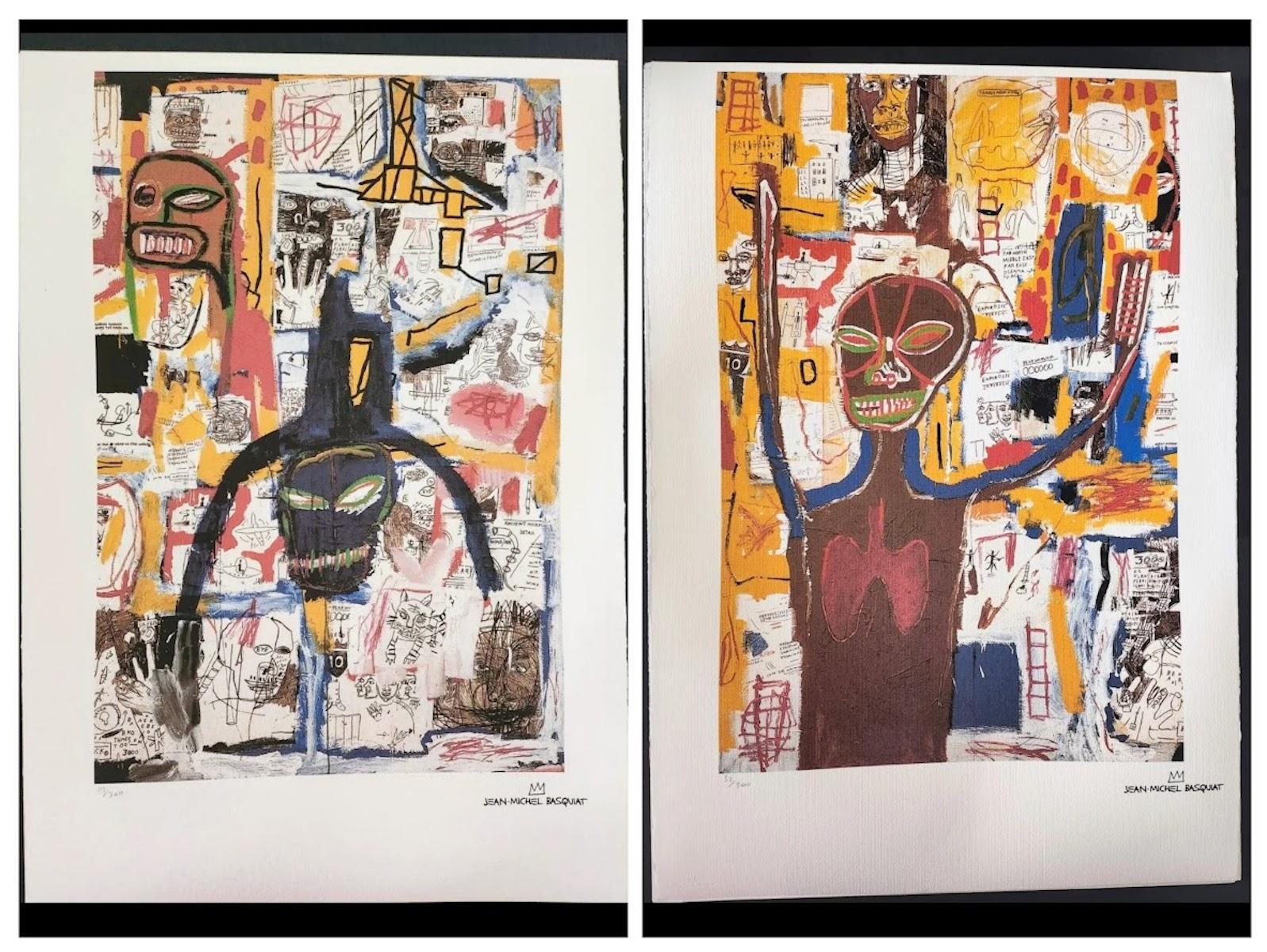 after Jean-Michel Basquiat Print - Jean-Michel Basquiat "Famous Moon King" a pair of Lithographs Limited Edit  /300