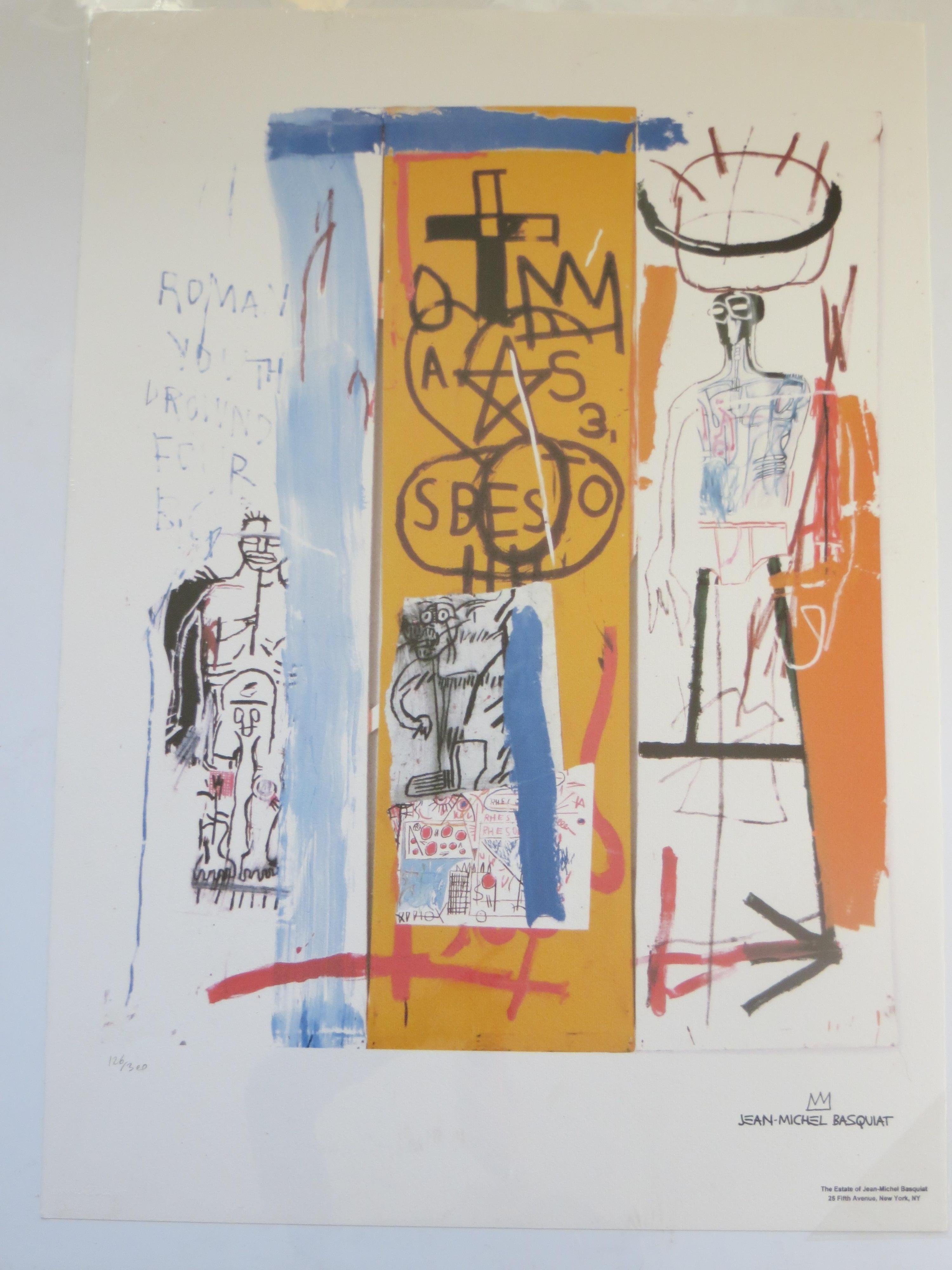 After Jean-Michel Basquiat, Self Portrait Lithograph,  Limited Edition.
Estate of JM Basquiat 2010-2012.
This one is a lithograph signed on the plate and numbered on 126 / 300

Jean Michel Basquiat ( 1960 - 1988 ) was born to two Haitian immigrants