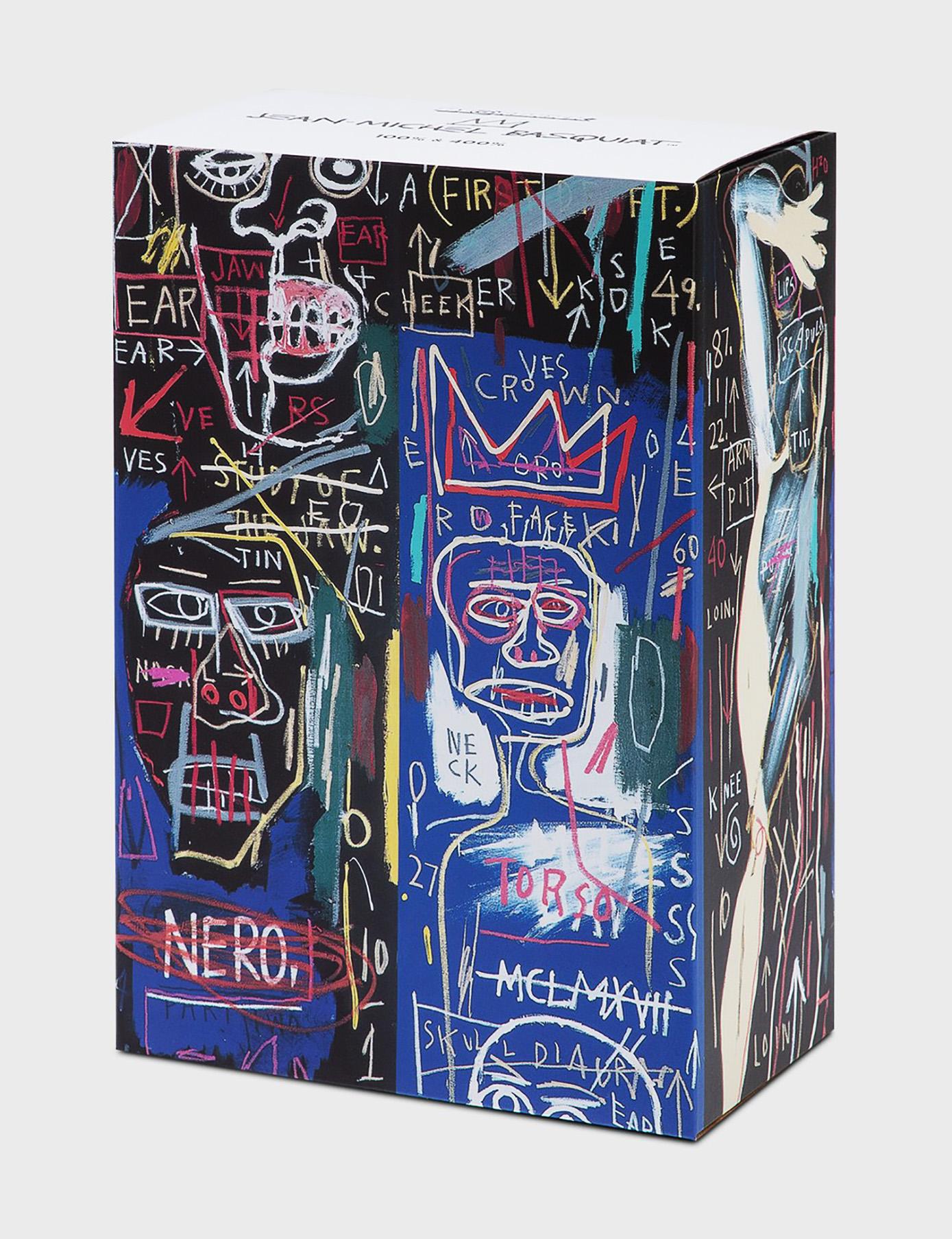 Basquiat Bearbrick 400% Vinyl Figures Set of 2:
A unique Basquiat Bearbrick statue set trademarked & licensed by the Estate of Jean-Michel Basquiat. The partnered collectibles reveal licensed original iconic 1980s Basquiat imagery wrapping the