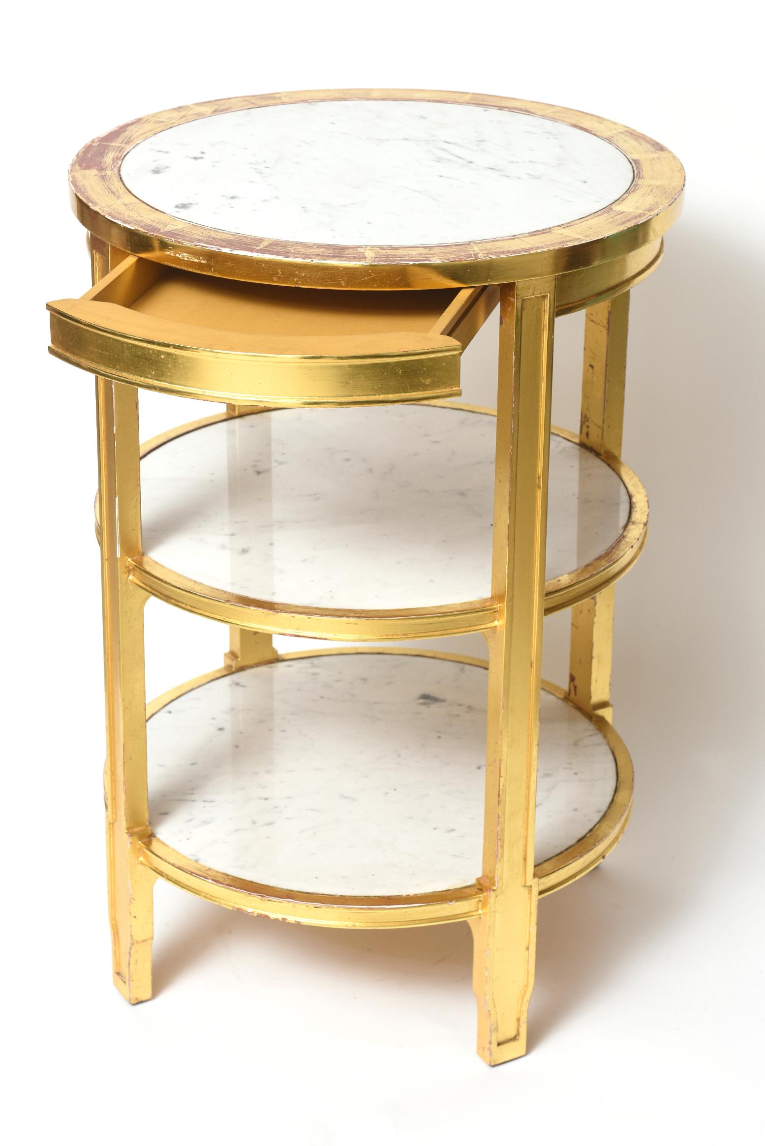 20th Century After Jean-Michel Frank Giltwood and White Marble Three Tiered Table