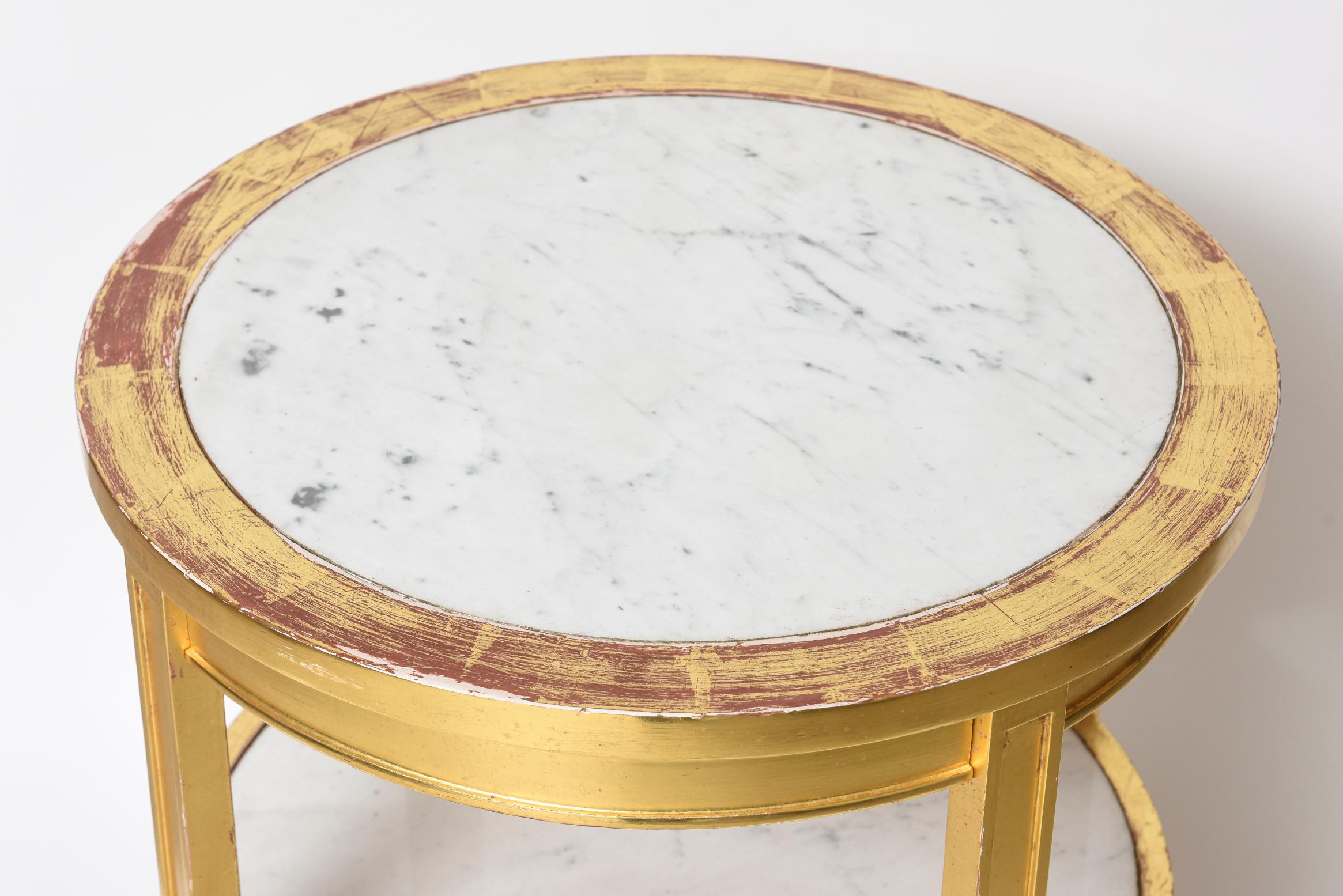 After Jean-Michel Frank Giltwood and White Marble Three Tiered Table 2