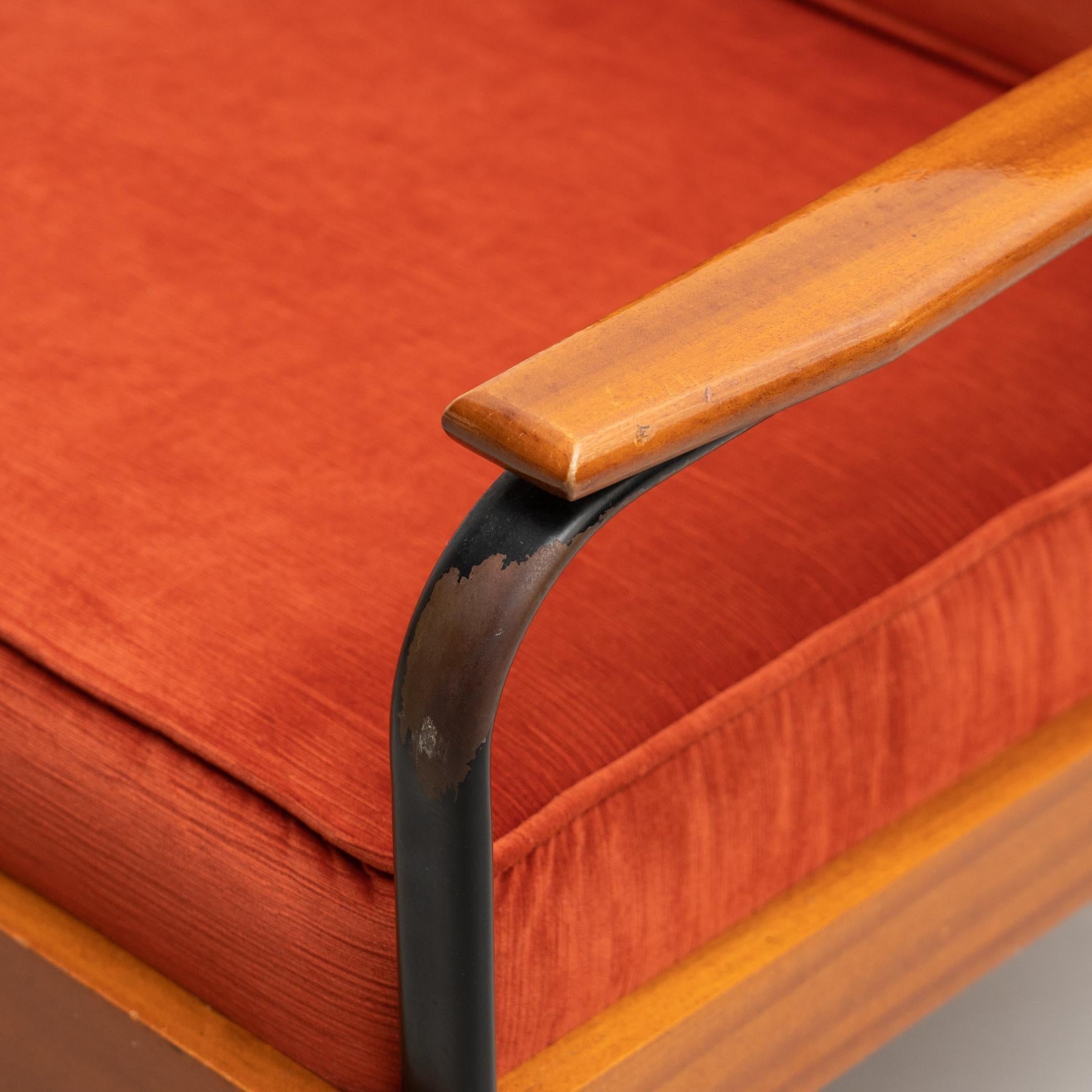 Mid-20th Century After Jean Prouve French Mid-Century Modern Wood and Metal Easy Chair For Sale