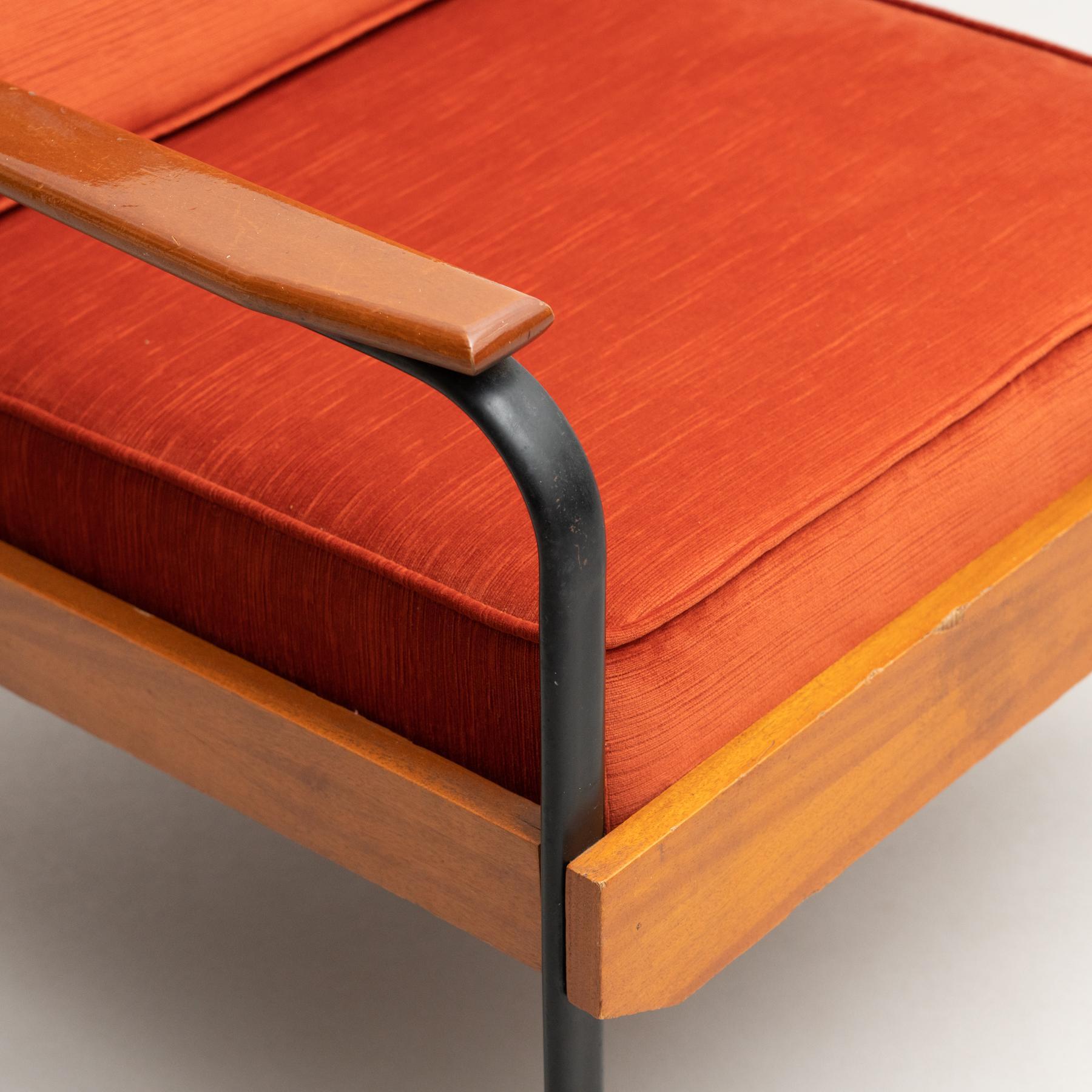 Mid-20th Century After Jean Prouve French Mid-Century Modern Wood and Metal Easy Chair For Sale