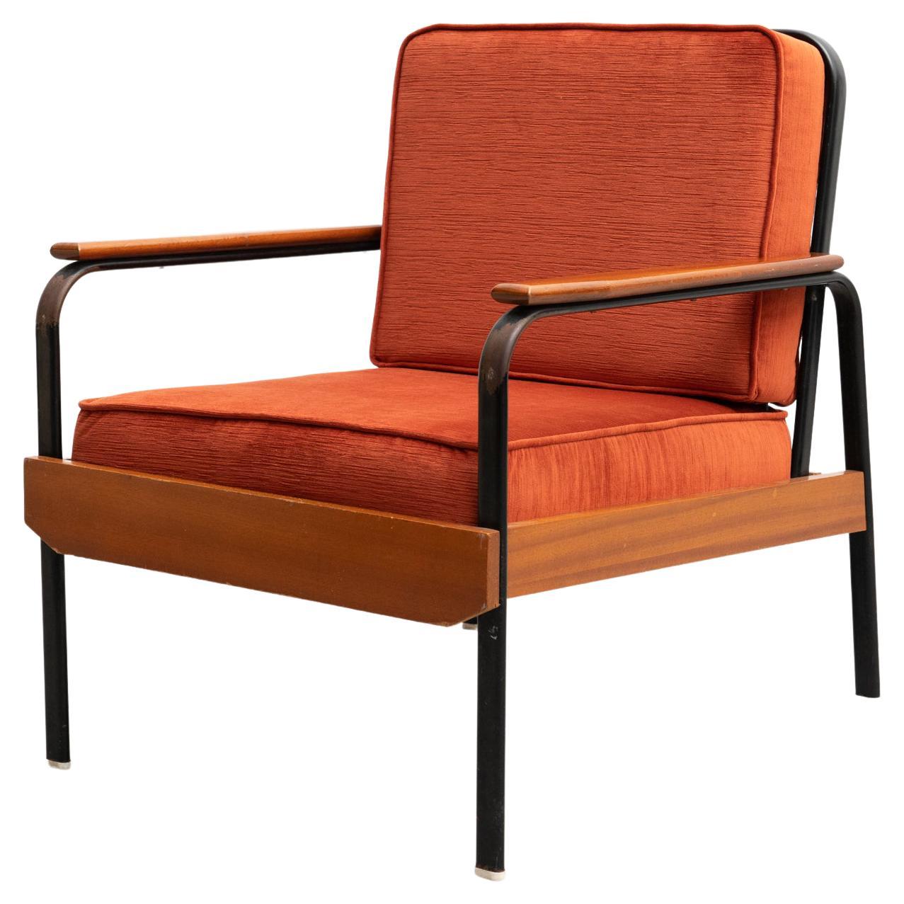 After Jean Prouve French Mid-Century Modern Wood and Metal Easy Chair For Sale
