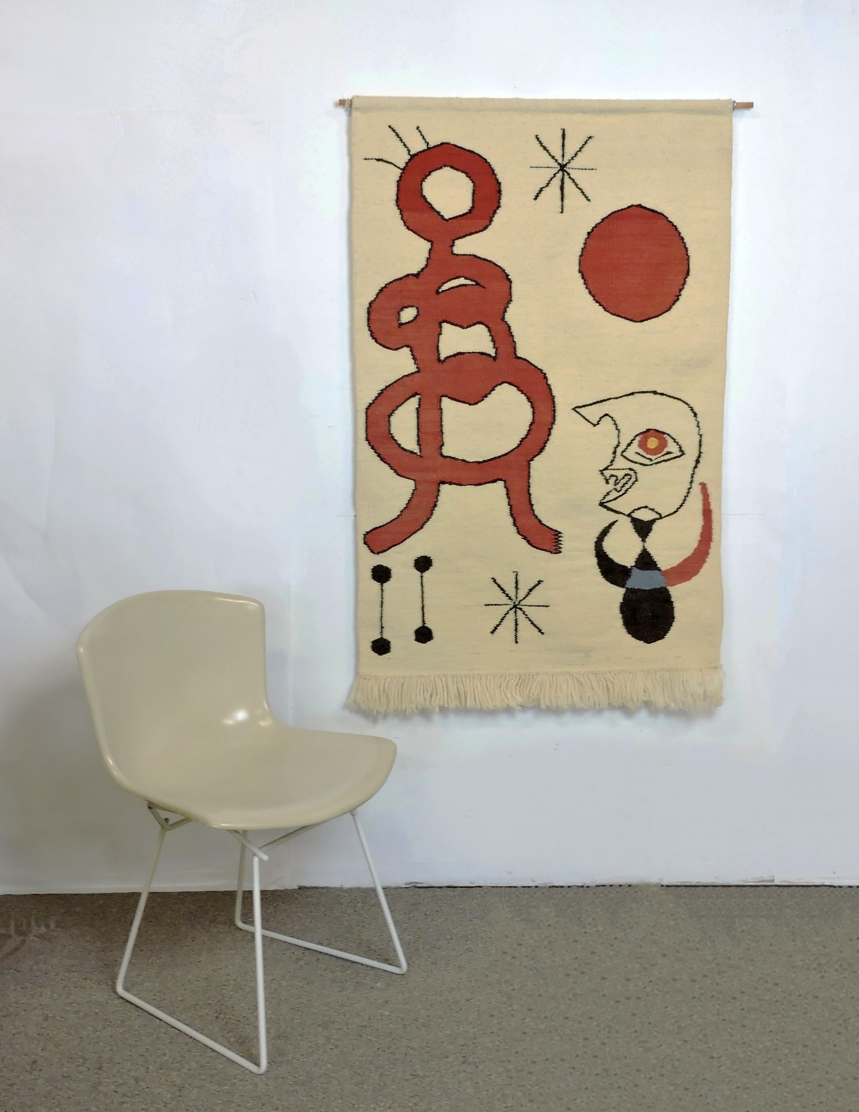 After Joan Miro Mid Century Modern Abstract Handwoven Textile Art Tapestry For Sale 1