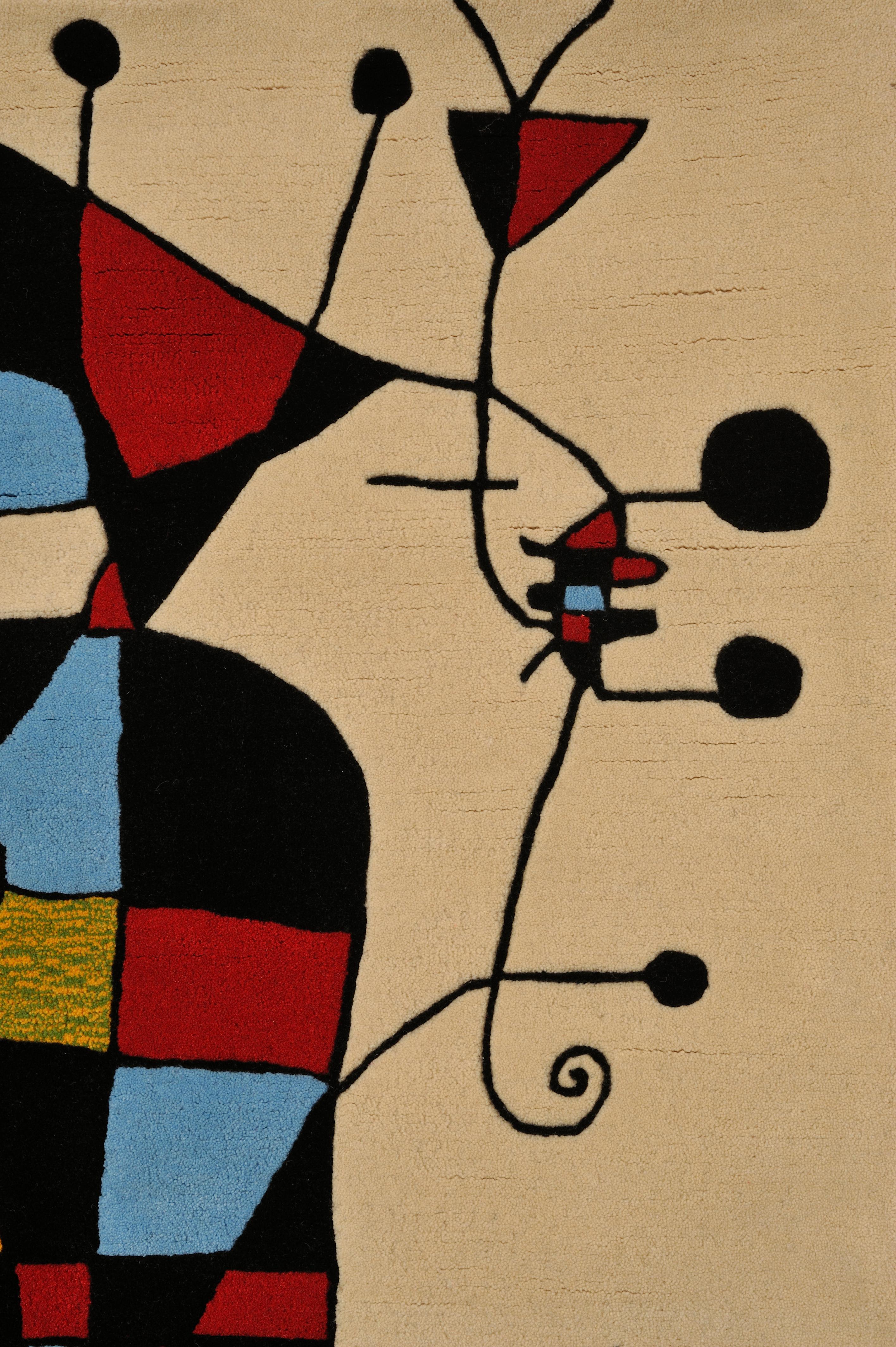 After Joan Miró
Personnages et Chien devant le Soleil, 1949
Limited edition
Wool Tapestry
63 2/5 × 48 in  161 × 122 cm

Textile Arts
Excellent Condition
Signature: signed on Sticker label, verso
Accompanied by Certificate of authenticity

This