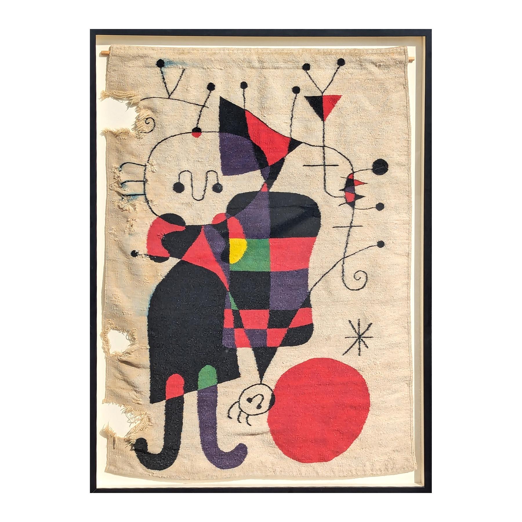 Tapestry in the Style of Joan Miro’s “Figures and Dog in Front of the Sun