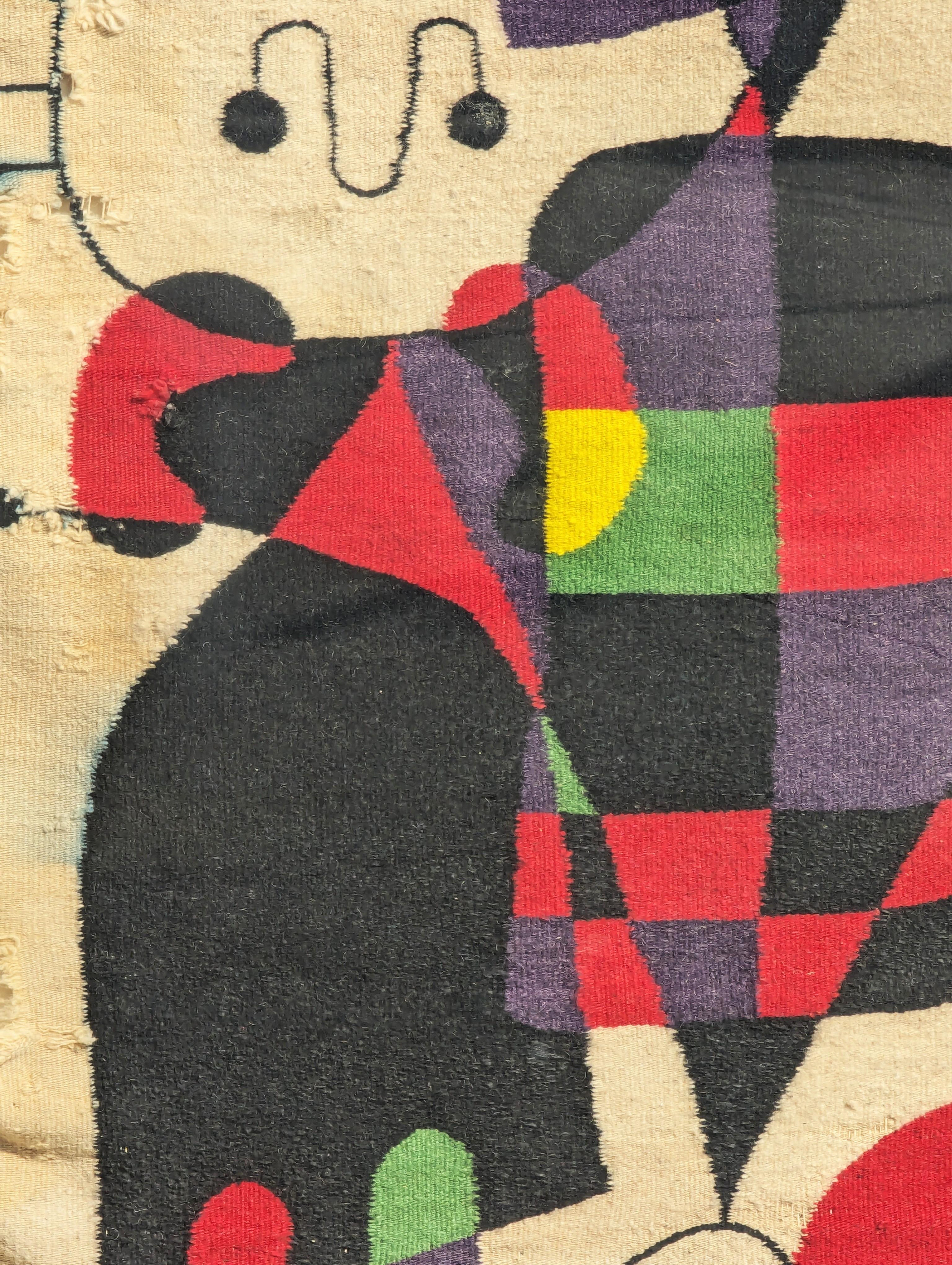 Tapestry in the Style of Joan Miro’s “Figures and Dog in Front of the Sun