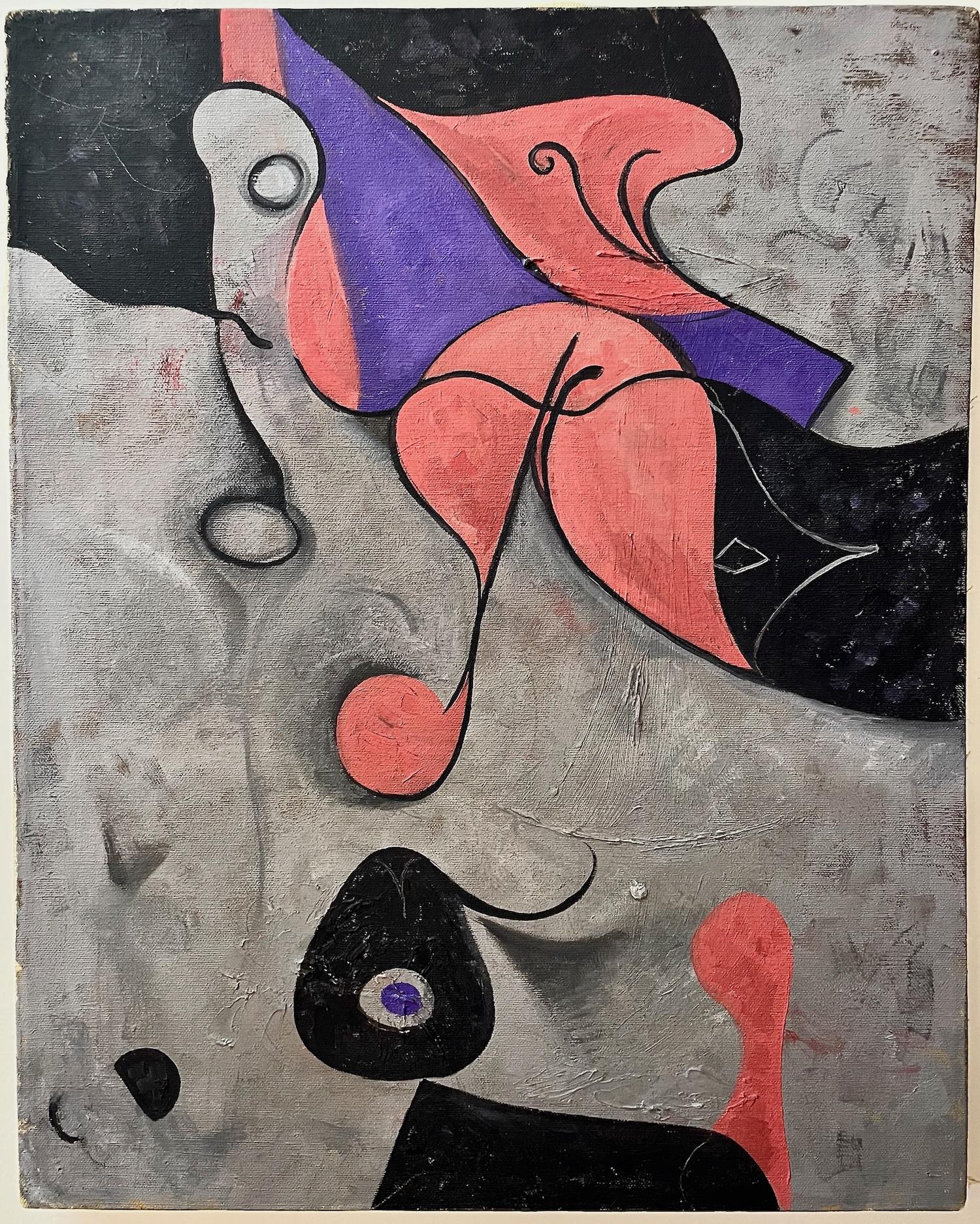 (after) Joan Miró Abstract Painting - After Jean Miró, Pink and Purple Surrealism at Play
