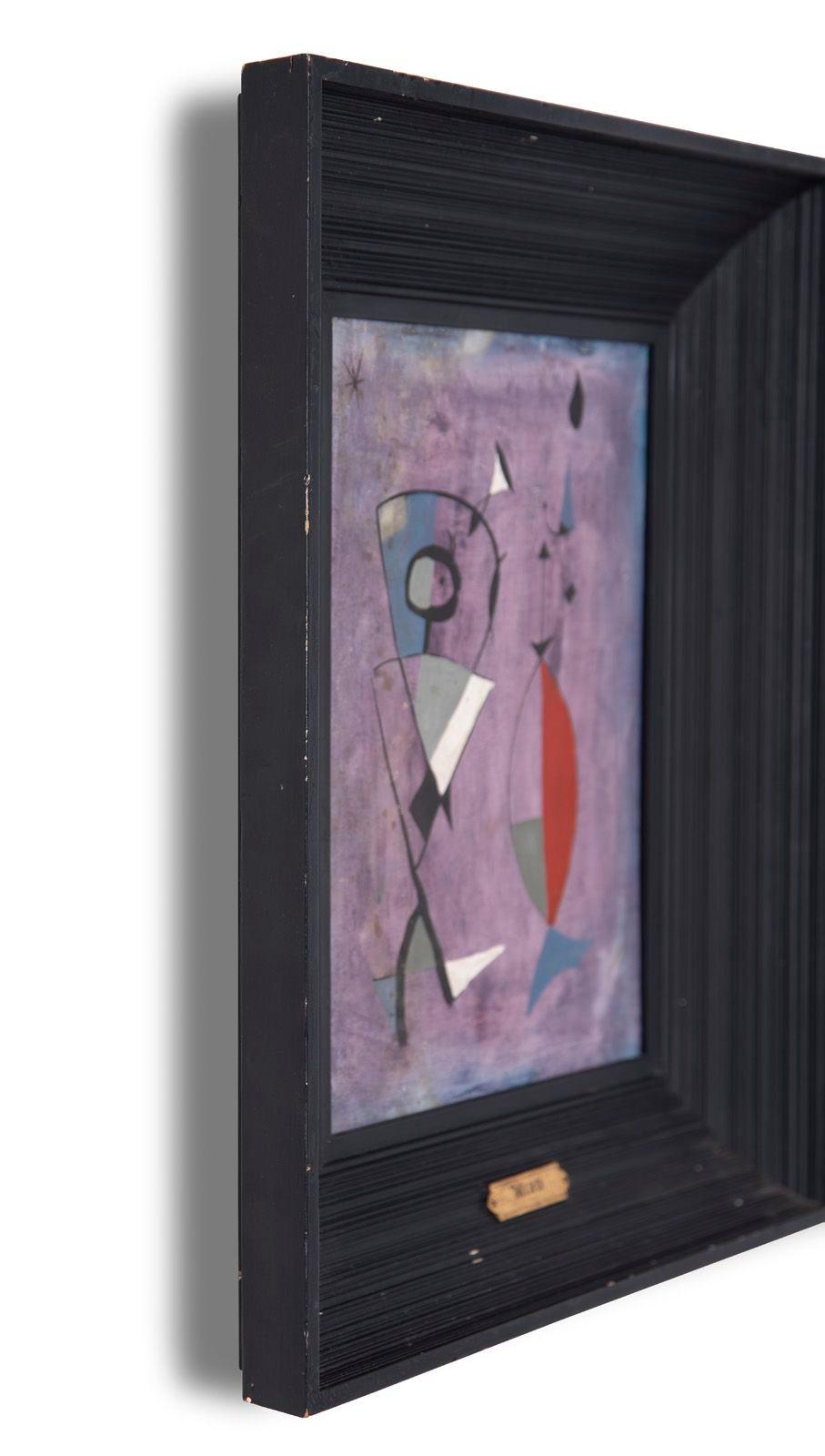 Vintage 1950's mixed media artwork handpainted on and pencil signed on the reverse with Joan Miro's signature.
This is a 75 year old painting made in the manner of Miro in the original antique frame complete with antique brass placard.